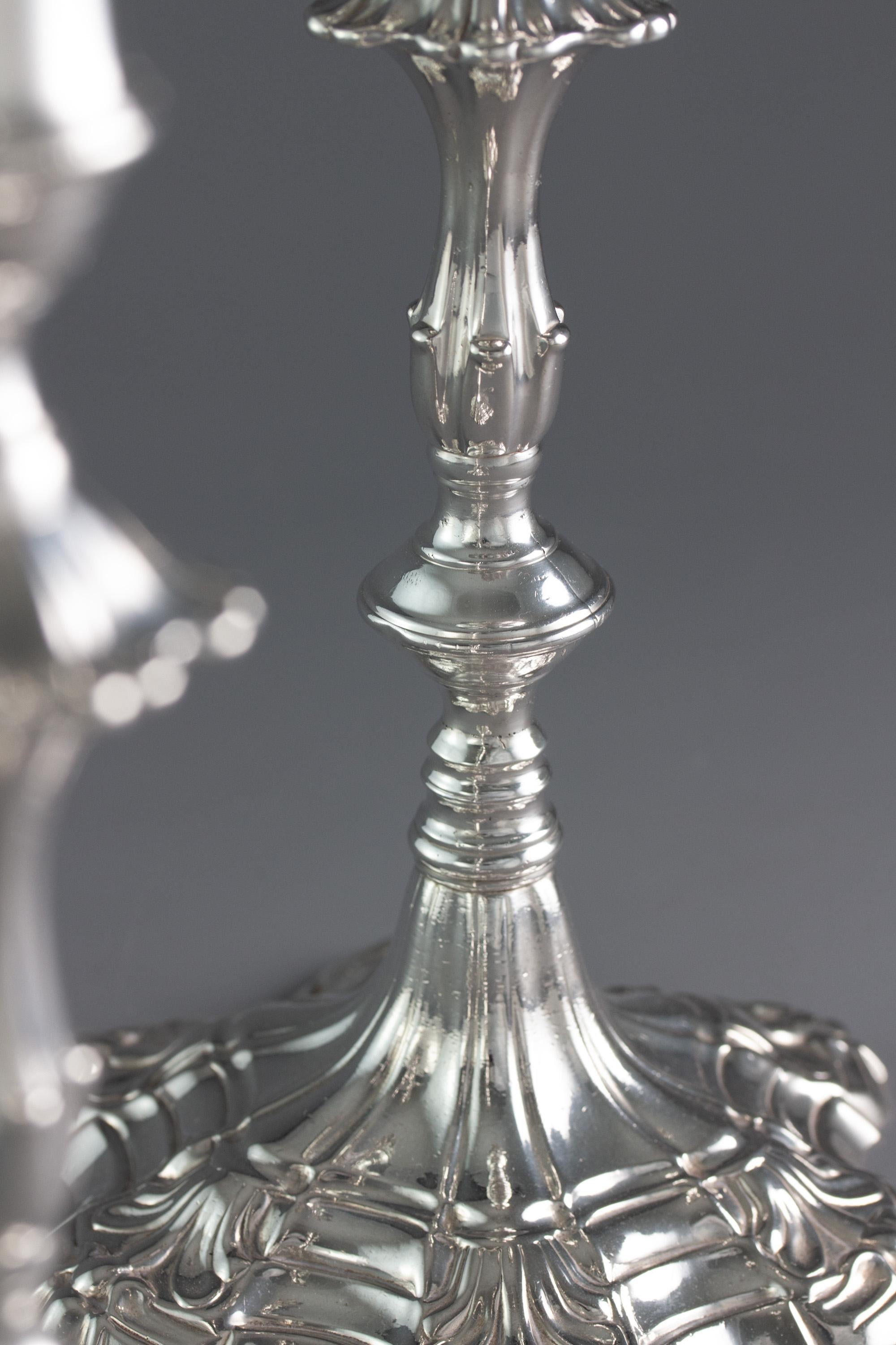 Sterling Silver Pair of George III Cast Silver Candlesticks, London, 1763 by William Cafe