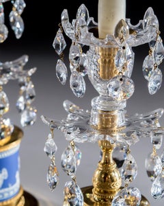 A Pair Of George III Cut Glass Ormolu Mounted Wedgwood Drum Candlesticks