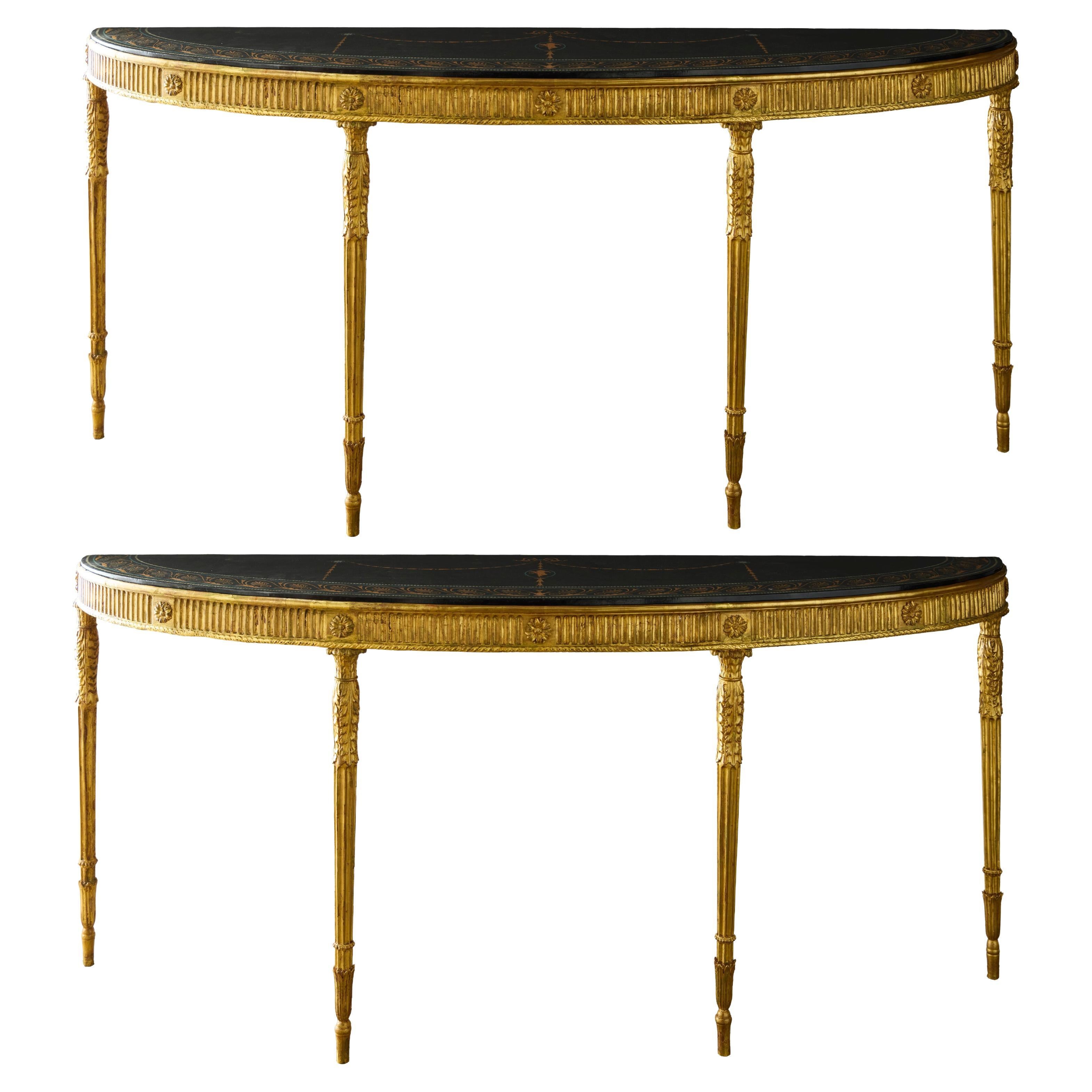 Pair of George III Adam-Style Giltwood Console Tables with Scagliola Tops  For Sale