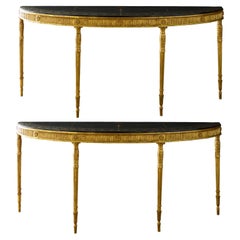 Pair of George III Adam-Style Giltwood Console Tables with Scagliola Tops 