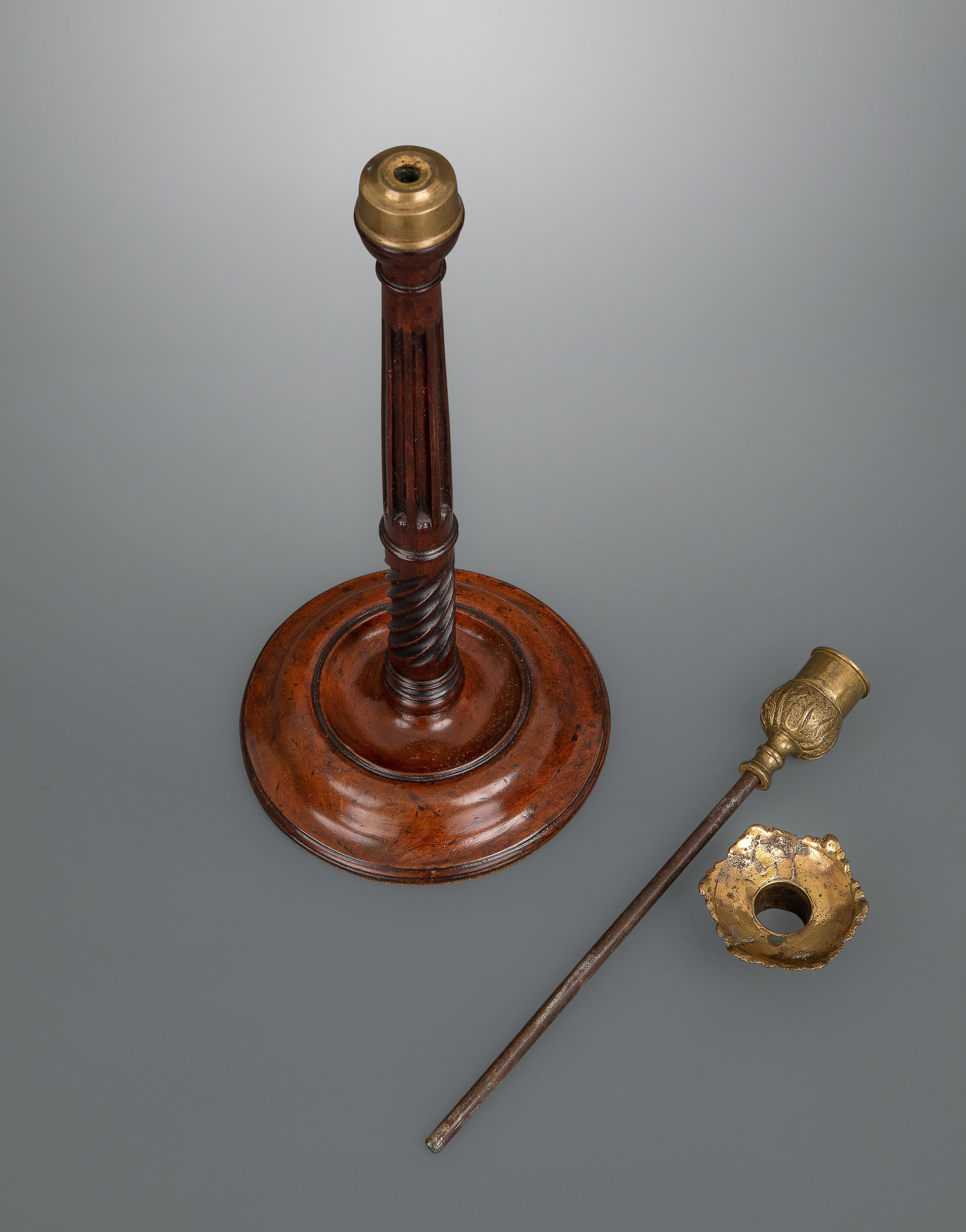 English Pair of George III Mahogany and Brass Candlesticks For Sale