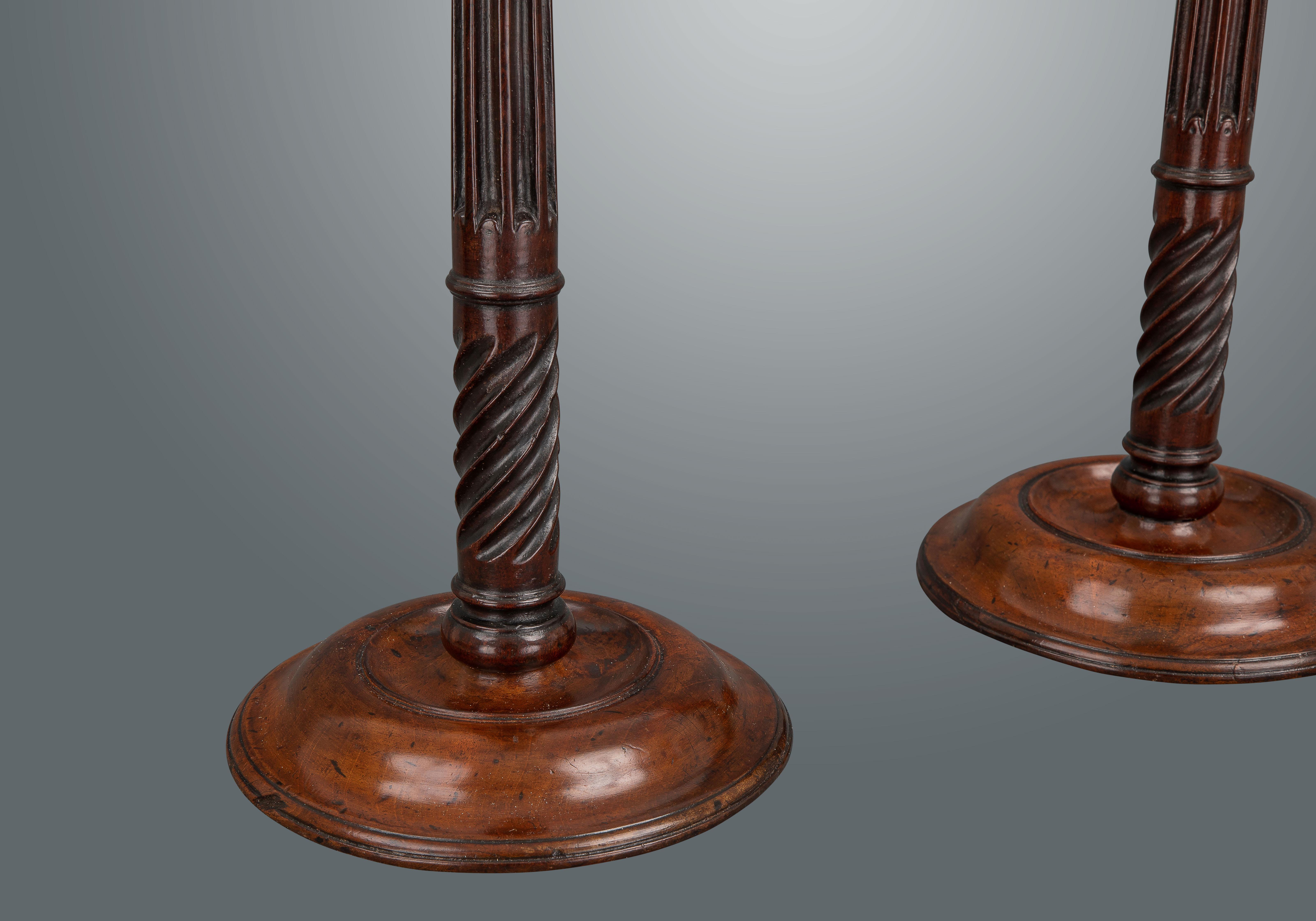 Late 18th Century Pair of George III Mahogany and Brass Candlesticks For Sale