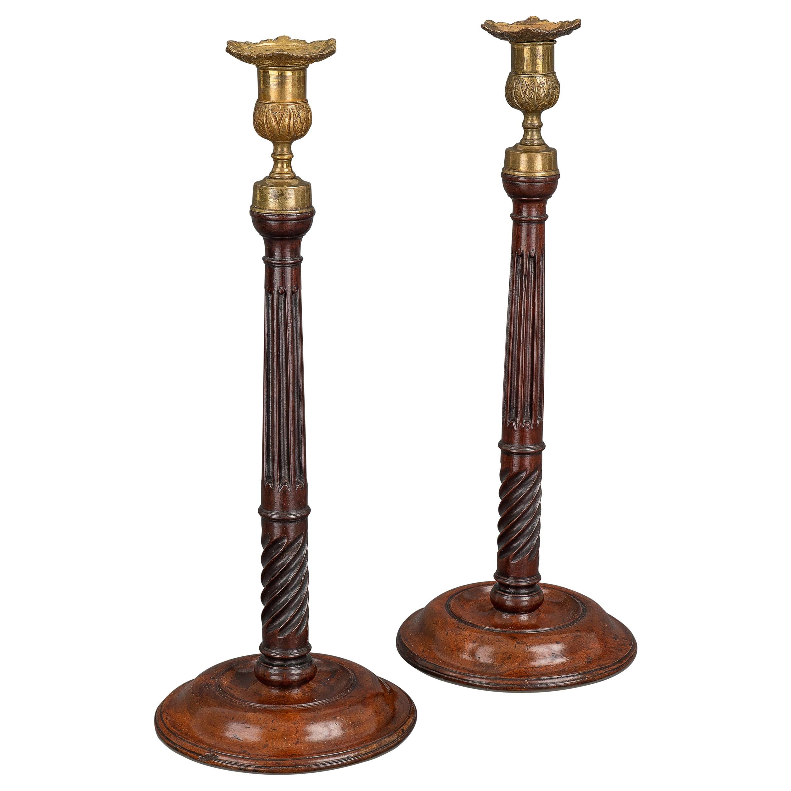 Pair of George III Mahogany and Brass Candlesticks For Sale