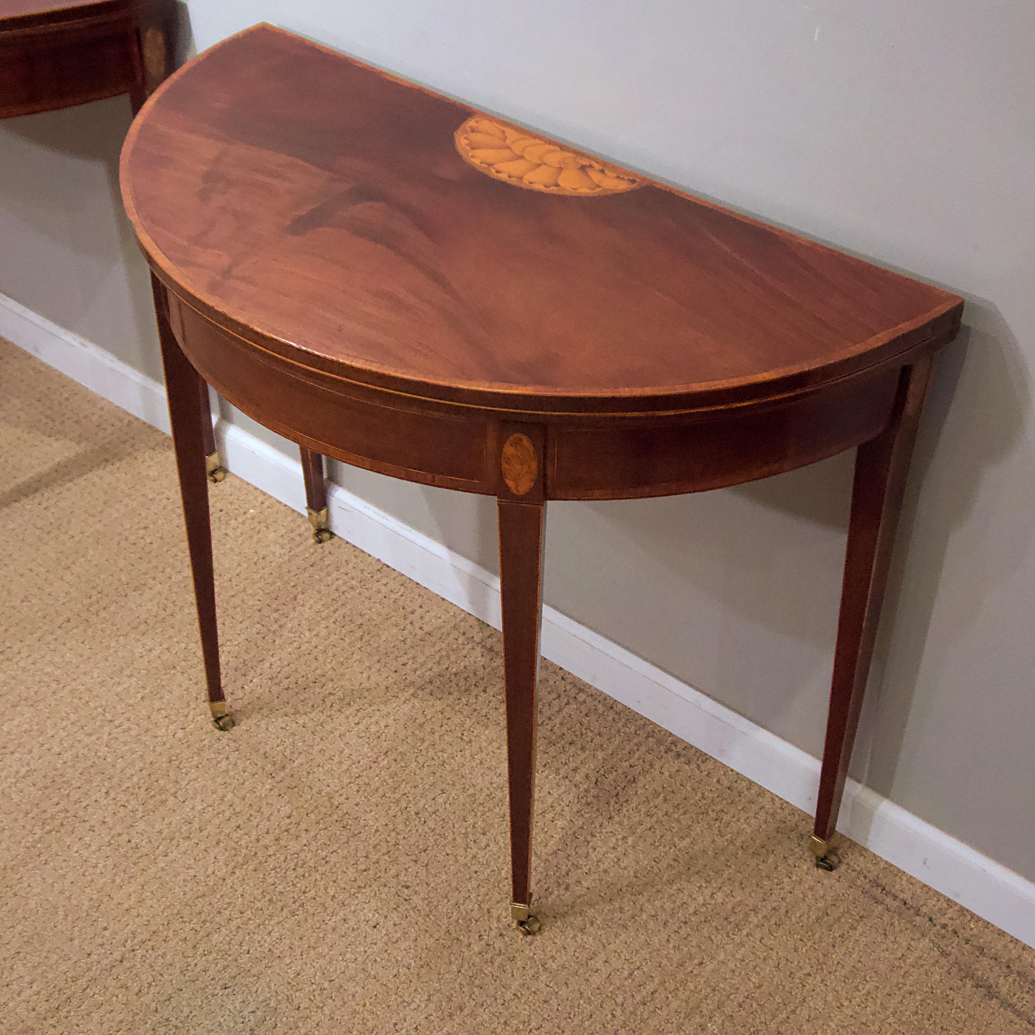 Pair of George III Mahogany and Boxwood and Satinwood Demilune Card Tables 6