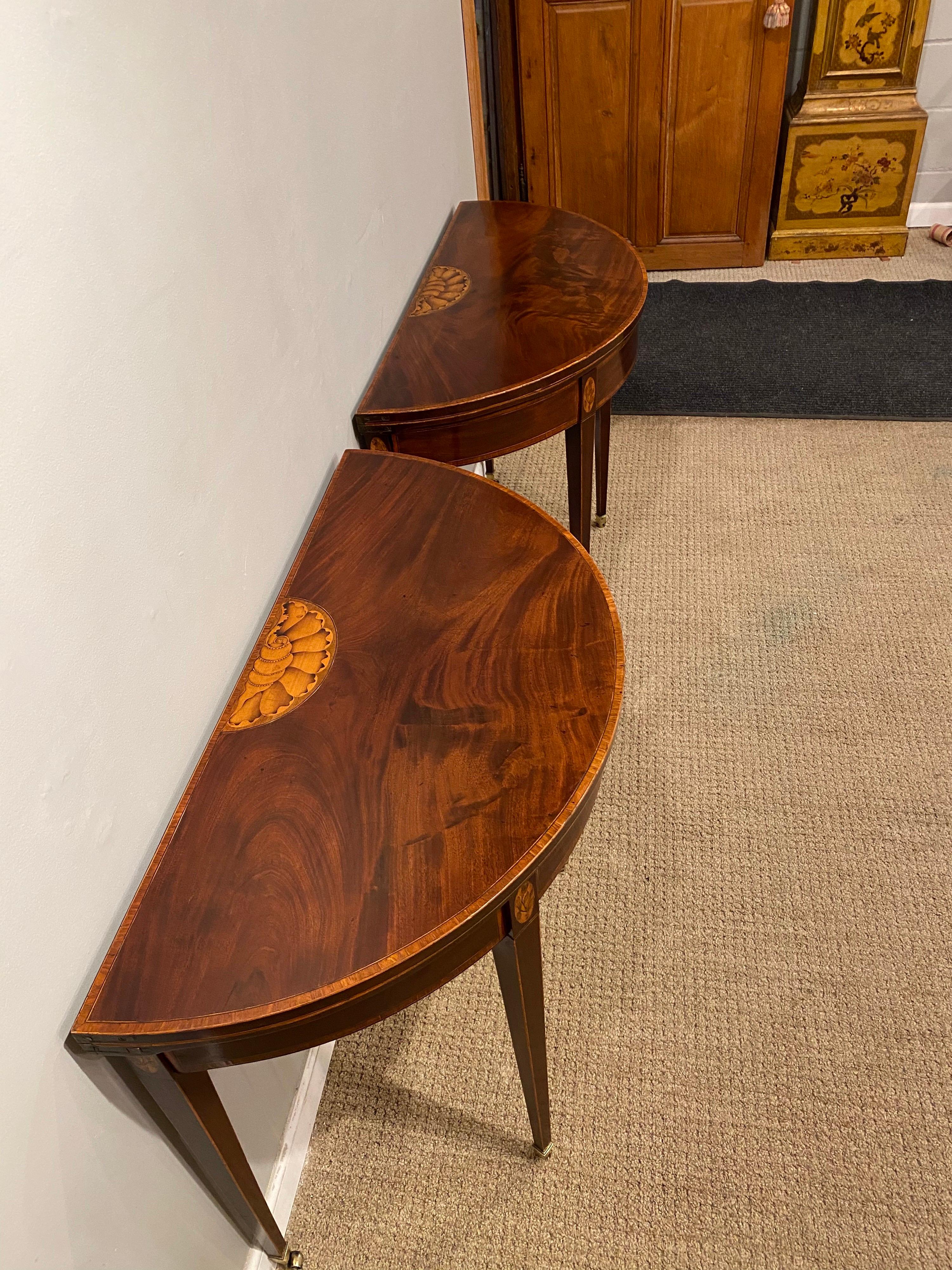 English Pair of George III Mahogany and Boxwood and Satinwood Demilune Card Tables