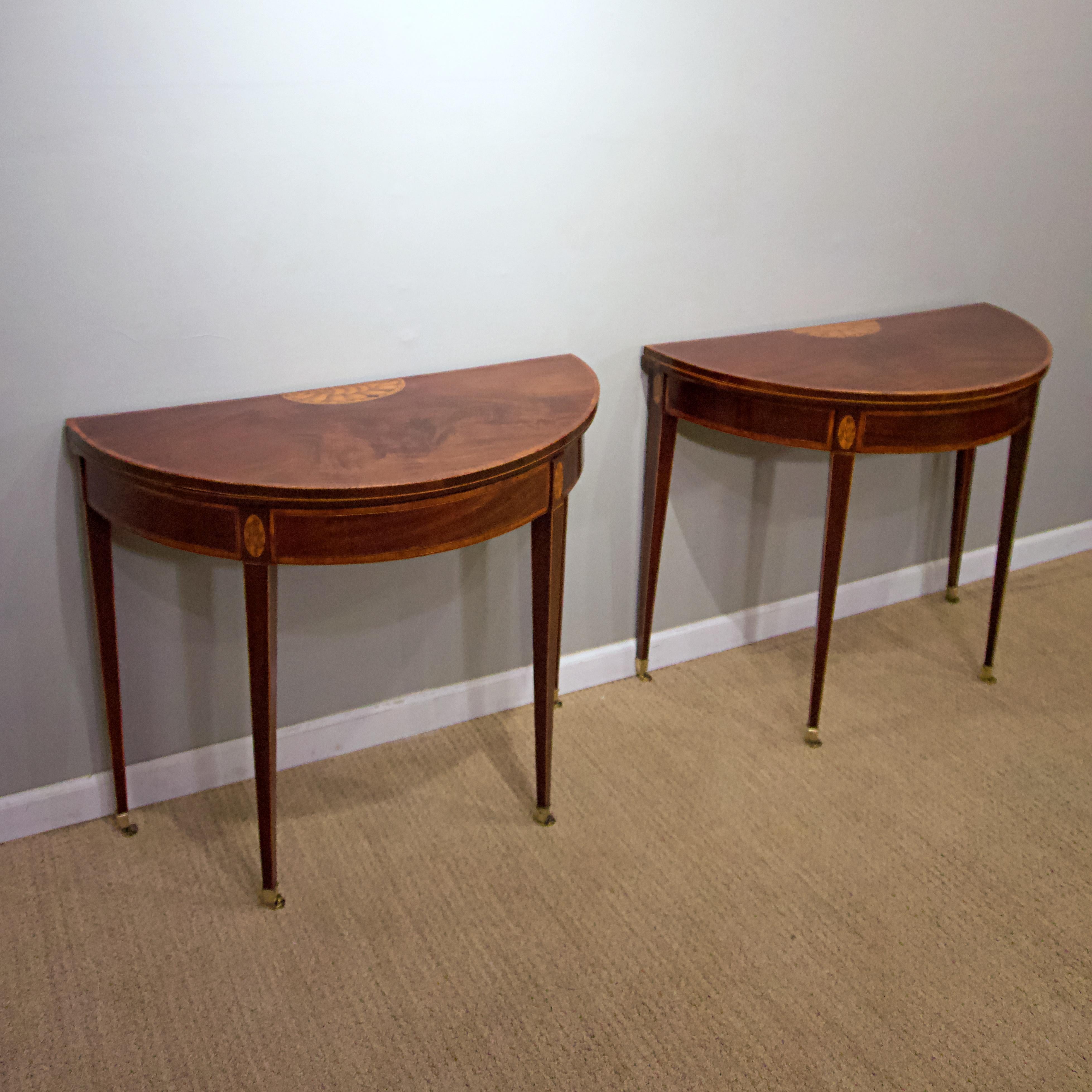 Polished Pair of George III Mahogany and Boxwood and Satinwood Demilune Card Tables