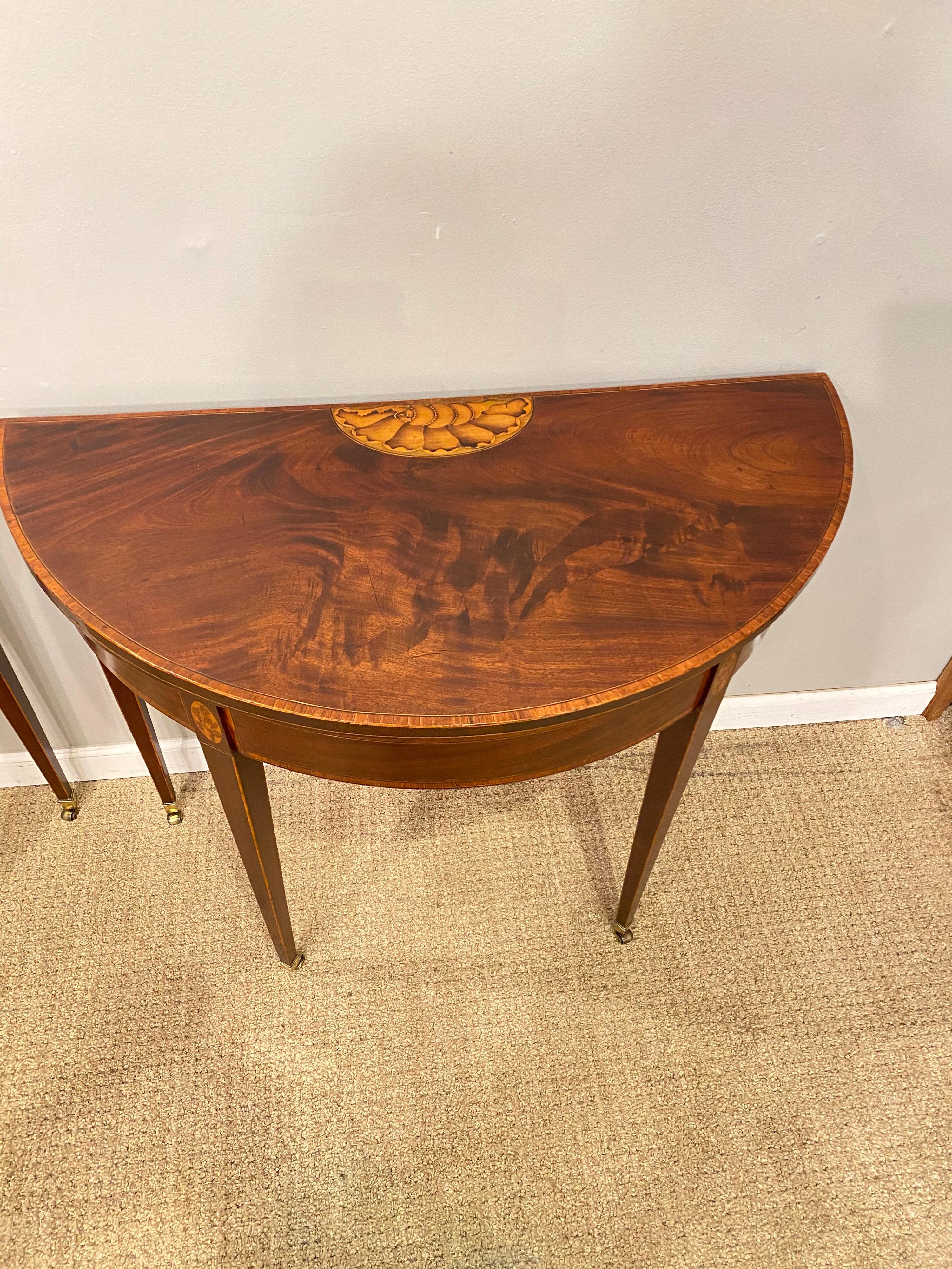 Pair of George III Mahogany and Boxwood and Satinwood Demilune Card Tables In Good Condition In New York, NY