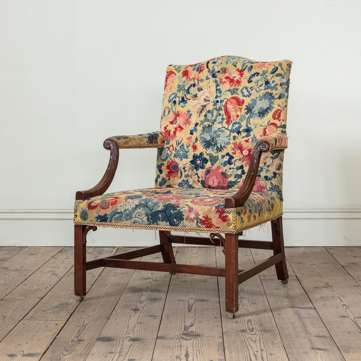 18th Century A Pair of George III Mahogany Gainsborough Chairs, with Needlepoint Upholstery For Sale