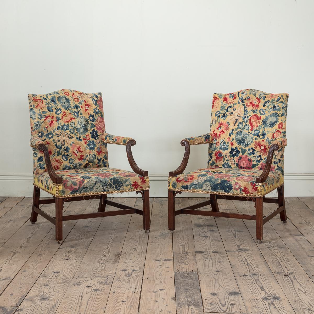 A Pair of George III Mahogany Gainsborough Chairs, with Needlepoint Upholstery For Sale 1