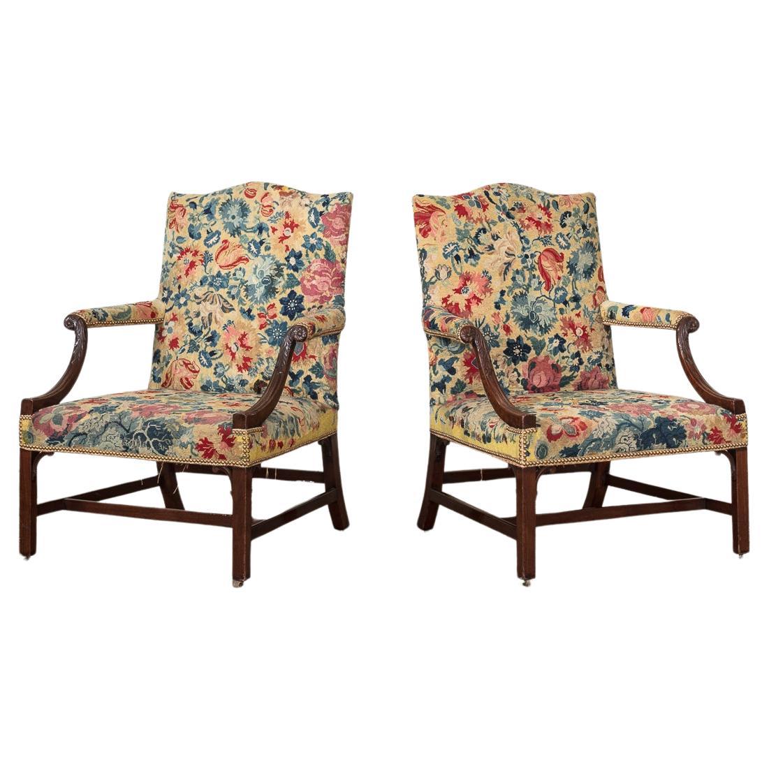 A Pair of George III Mahogany Gainsborough Chairs, with Needlepoint Upholstery