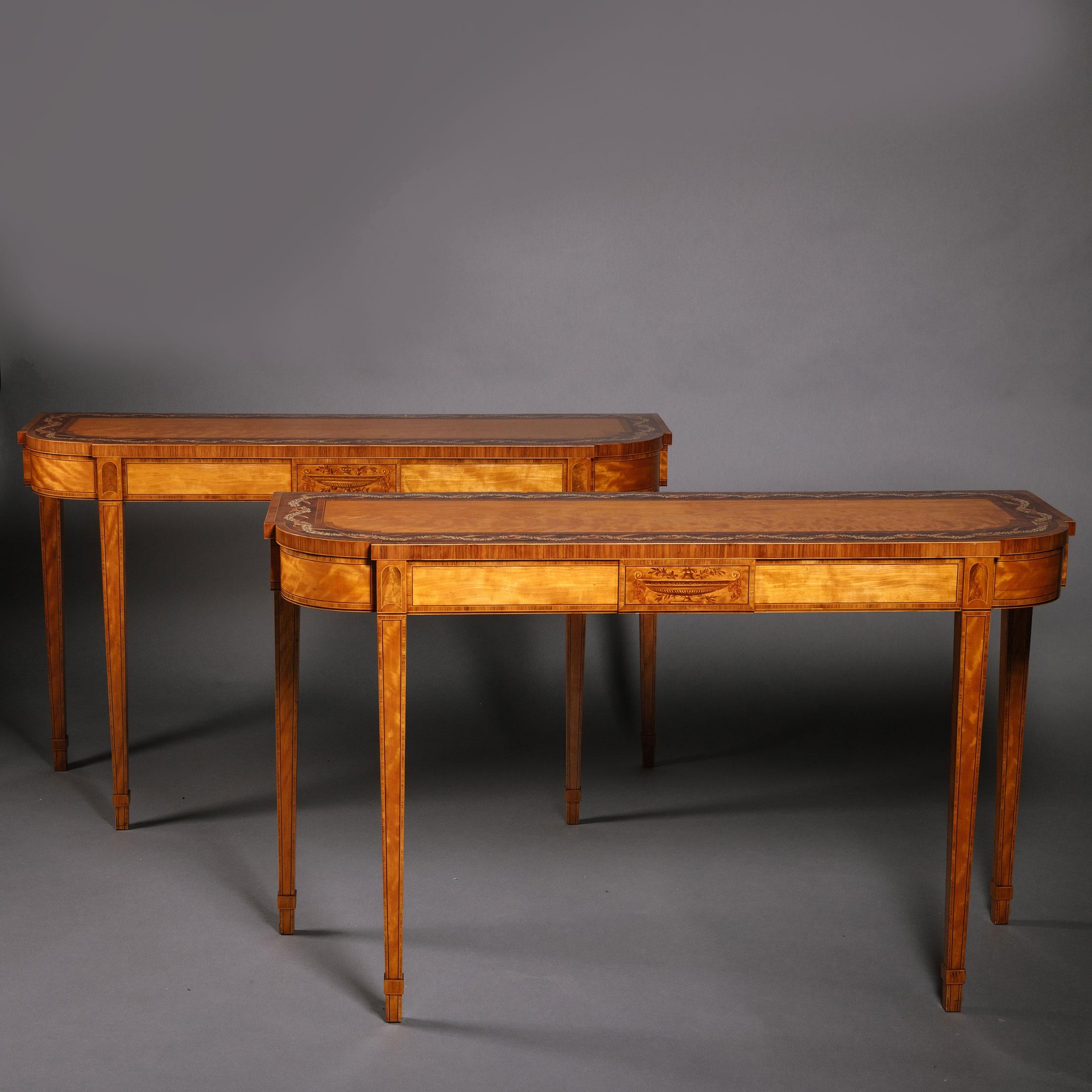 Painted Pair of George III Polychrome-Decorated Satinwood Console Tables For Sale