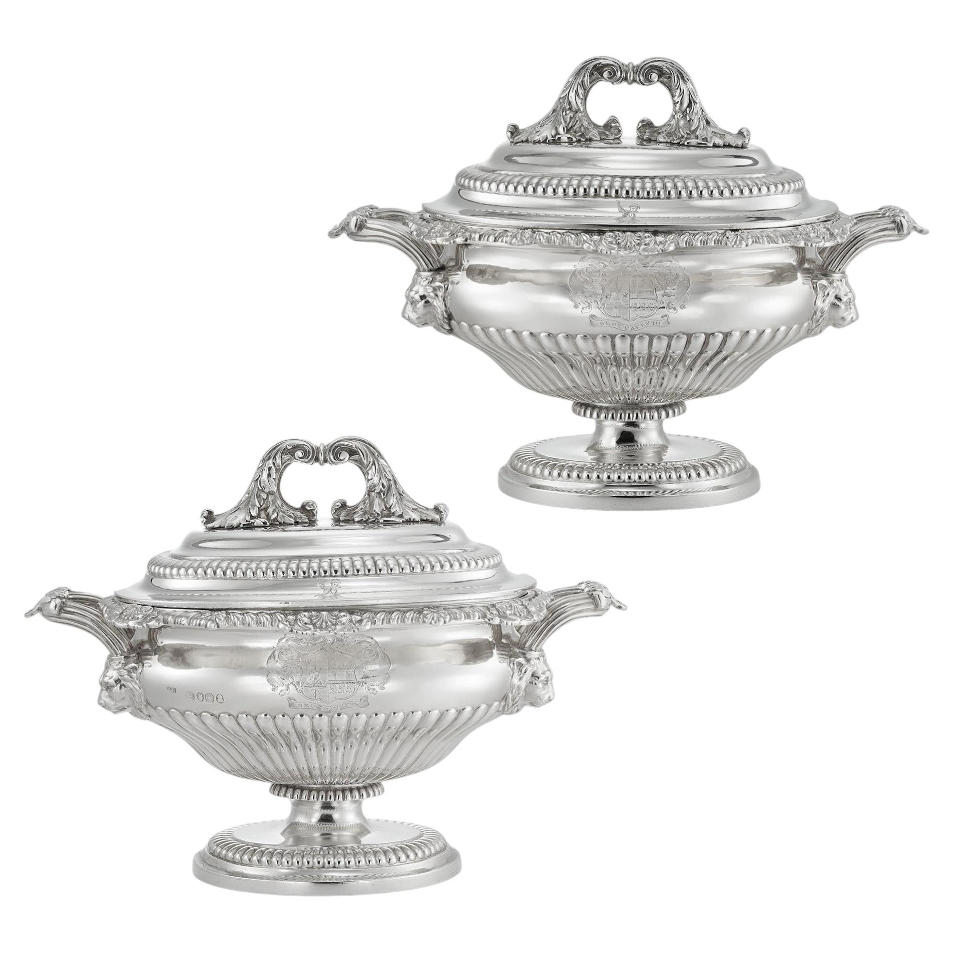 A pair of George III silver tureens by Philip Rundell For Sale