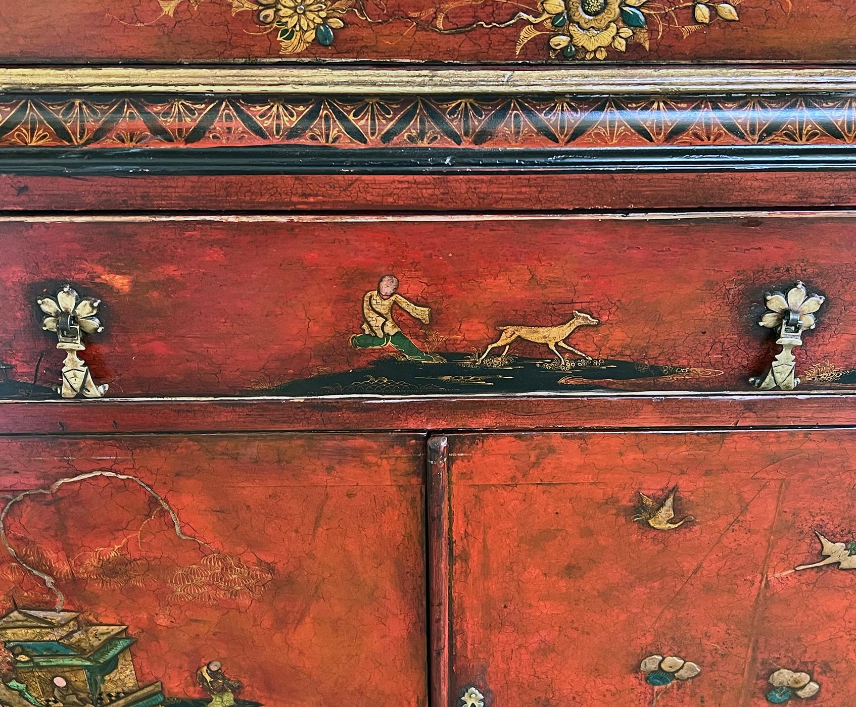 Hand-Painted Pair of George III Style Scarlet Chinoiserie Decorated Display Cabinets For Sale