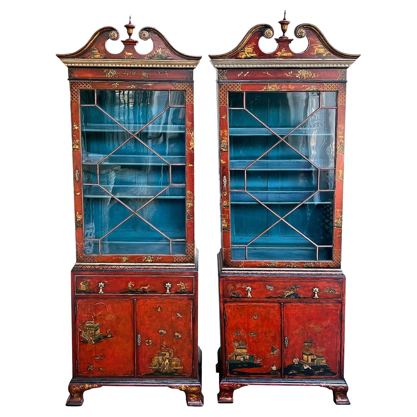 Pair of George III Style Scarlet Chinoiserie Decorated Display Cabinets For Sale