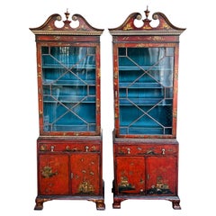 Pair of George III Style Scarlet Chinoiserie Decorated Display Cabinets