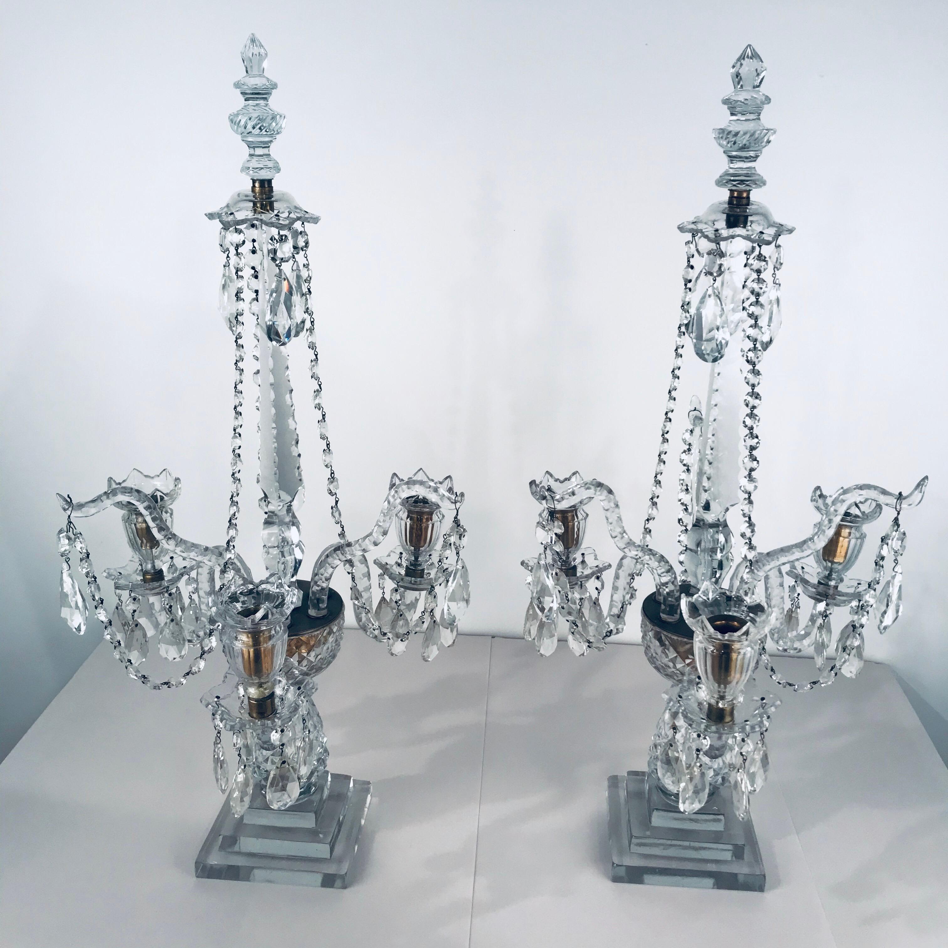 Georgian A Pair of George III Three-Light  Cut Lead Crystal Girandoles/Candelabra