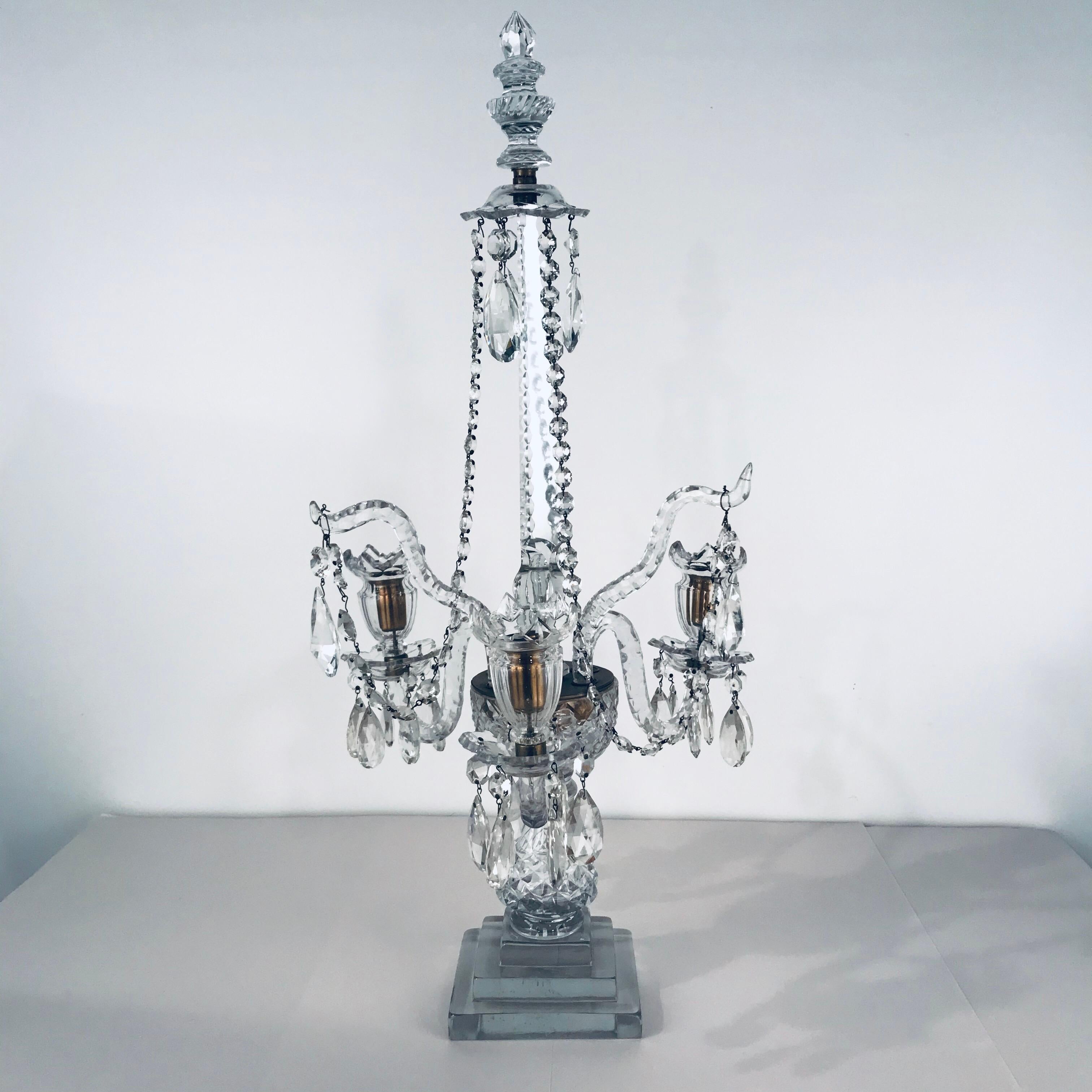 English A Pair of George III Three-Light  Cut Lead Crystal Girandoles/Candelabra