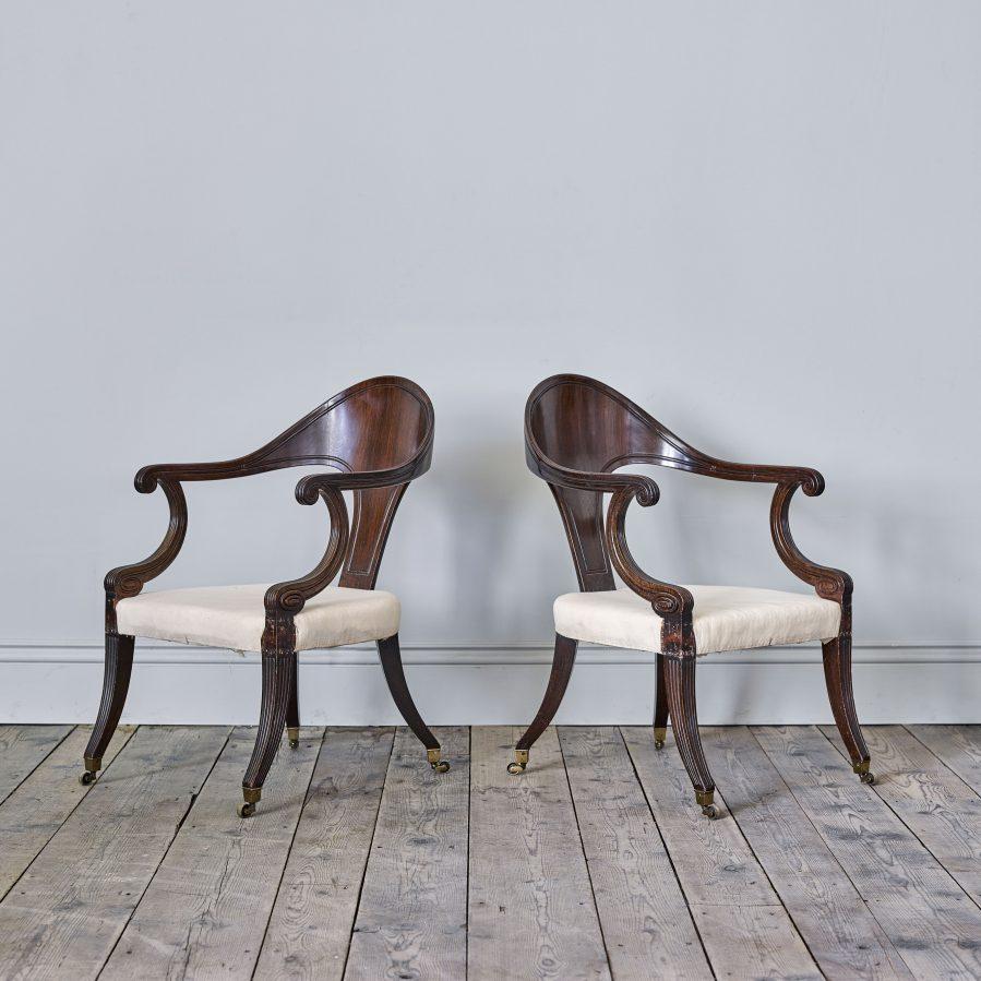 British Pair of George IV Faux Rosewood Klismos Chairs