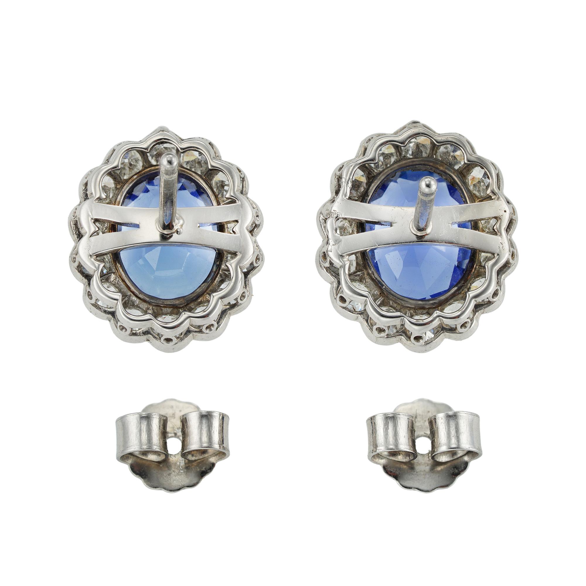 Oval Cut A Pair Of George V  Sapphire And Diamond Cluster Earrings