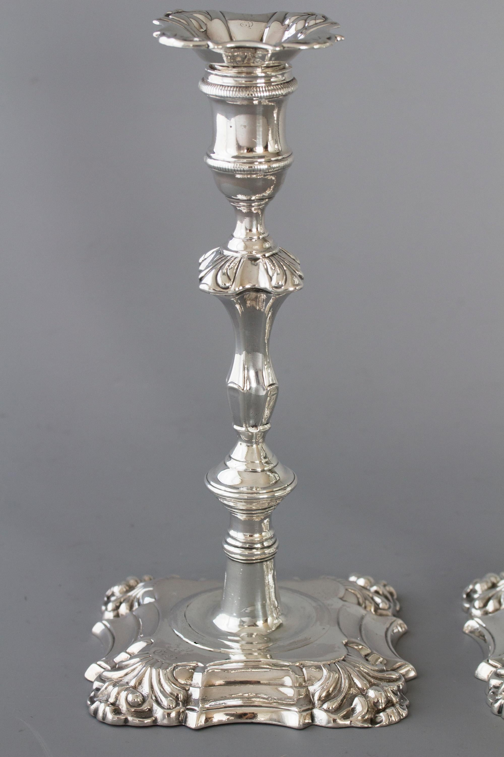 Sterling Silver A Pair of Georgian Cast Silver Candlesticks, London 1752
