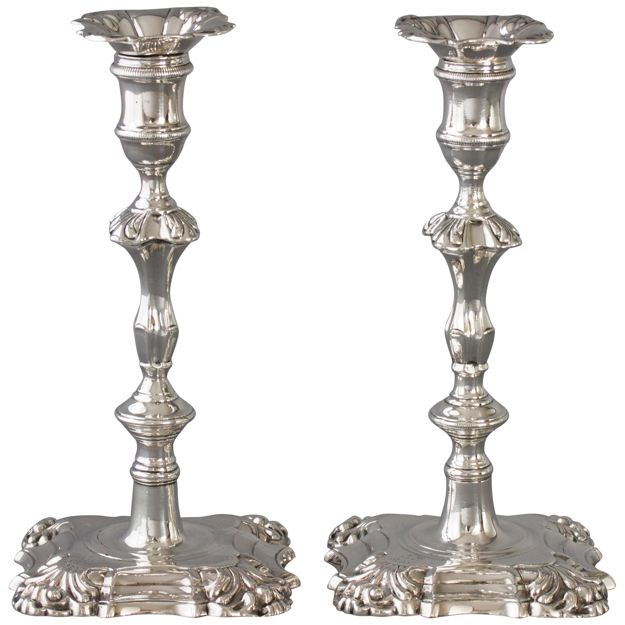 A Pair of Georgian Cast Silver Candlesticks, London 1752