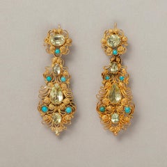 A pair of Georgian Day and Night Earrings with Turquoise and Chrysoberyl