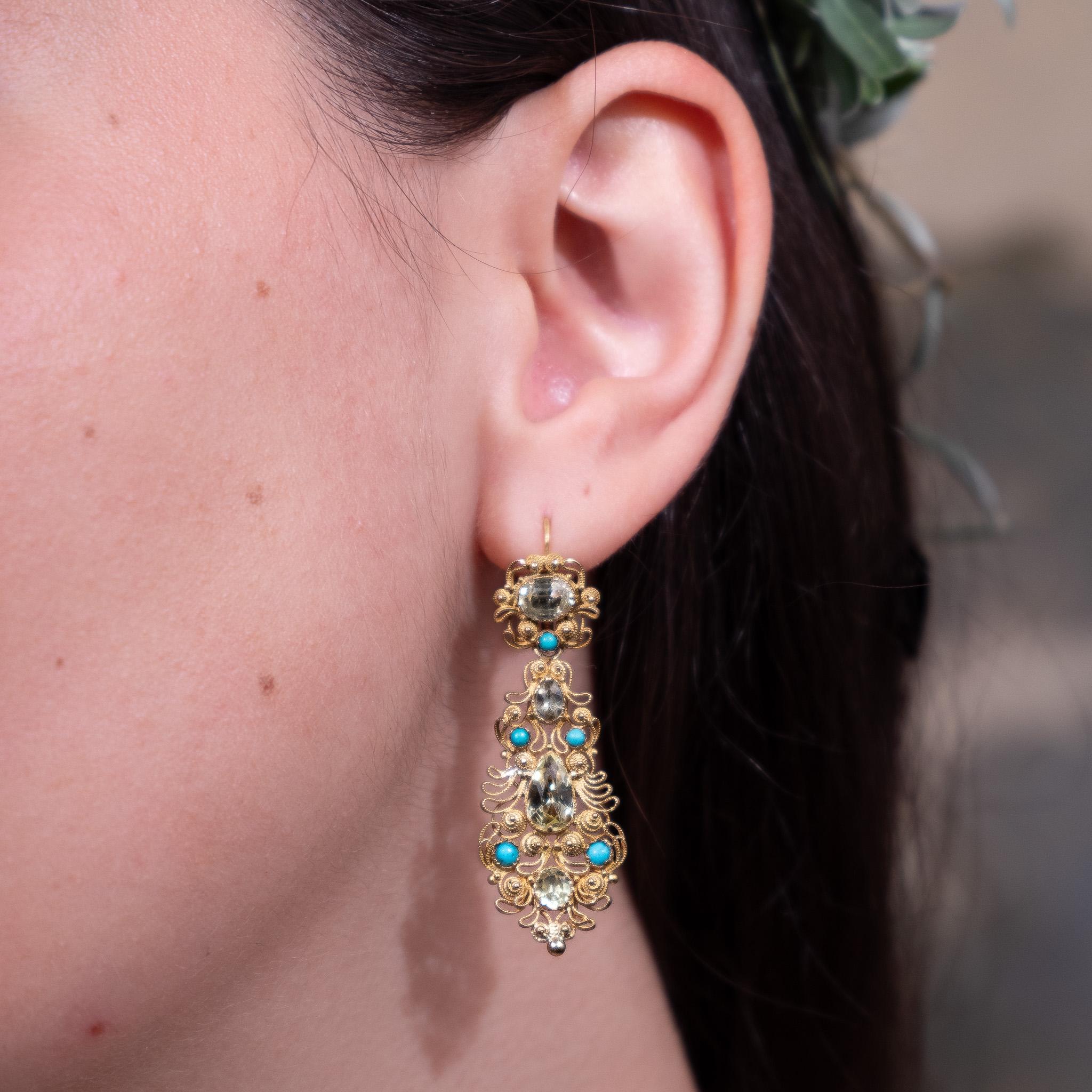 Women's or Men's A pair of Georgian Day and Night Earrings with Turquoise and Chrysoberyl For Sale