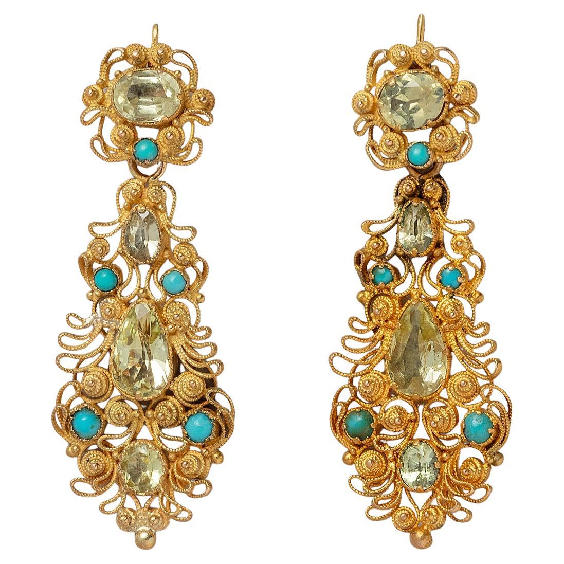 A pair of Georgian Day and Night Earrings with Turquoise and Chrysoberyl For Sale