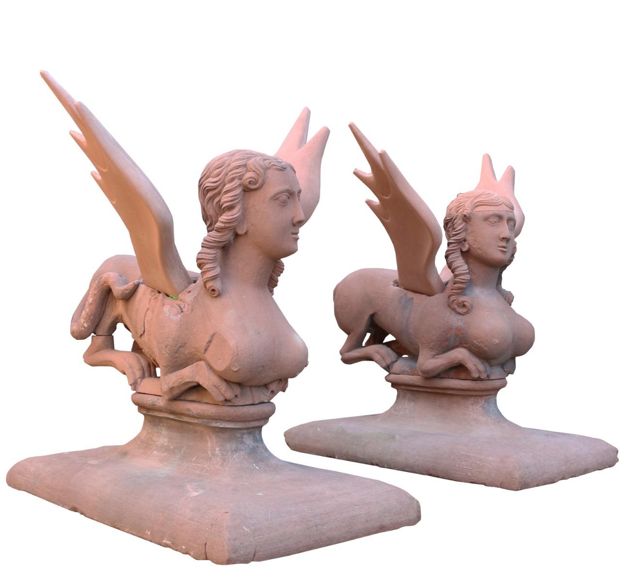 A unique opportunity to purchase a pair of 18th century winged sphinx statues or gate pier ornaments, originally from High Head Castle, Cumbria. These date to the remodeling of the house 1744 – 48, thought to be by the renowned architect James