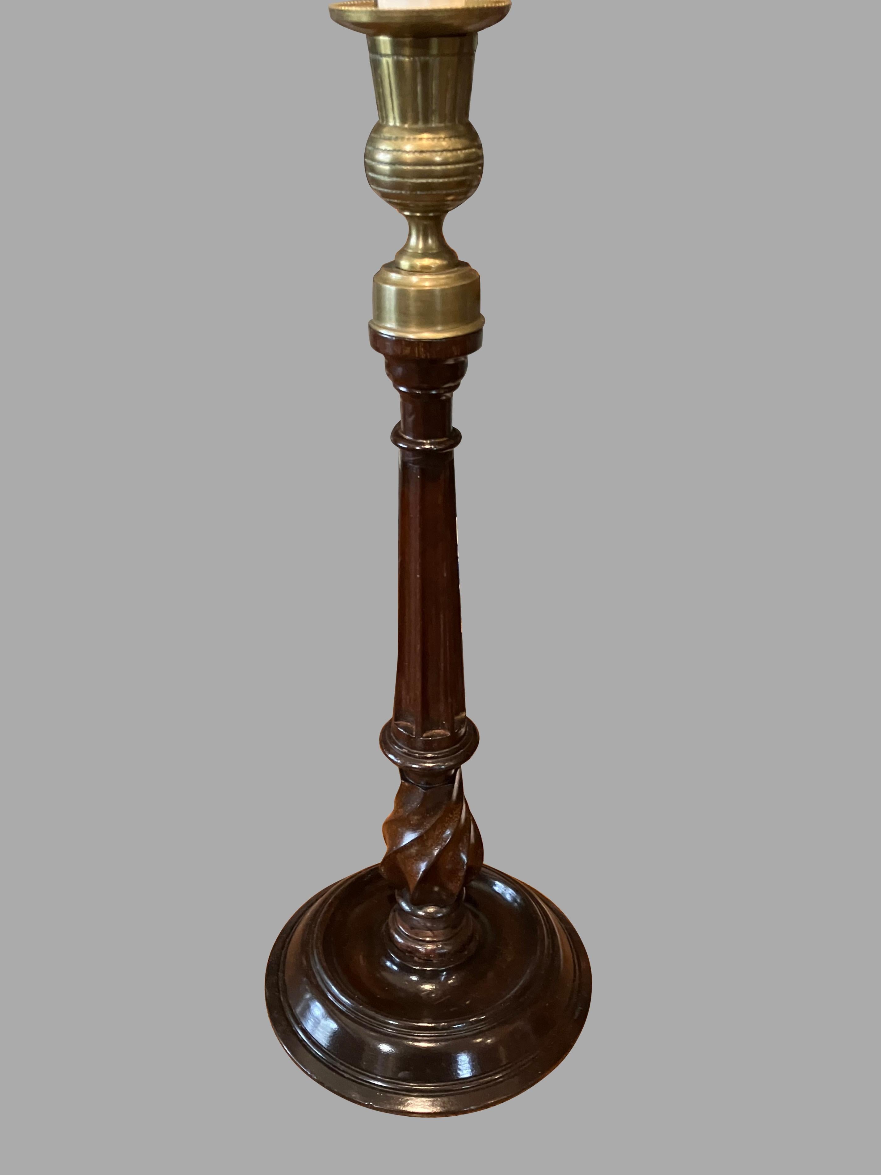 A Pair of Georgian Style Mahogany and Brass Candlesticks In Good Condition In San Francisco, CA