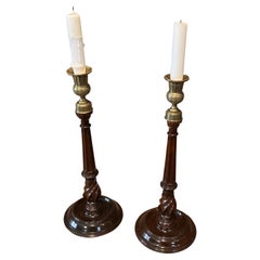 Retro A Pair of Georgian Style Mahogany and Brass Candlesticks