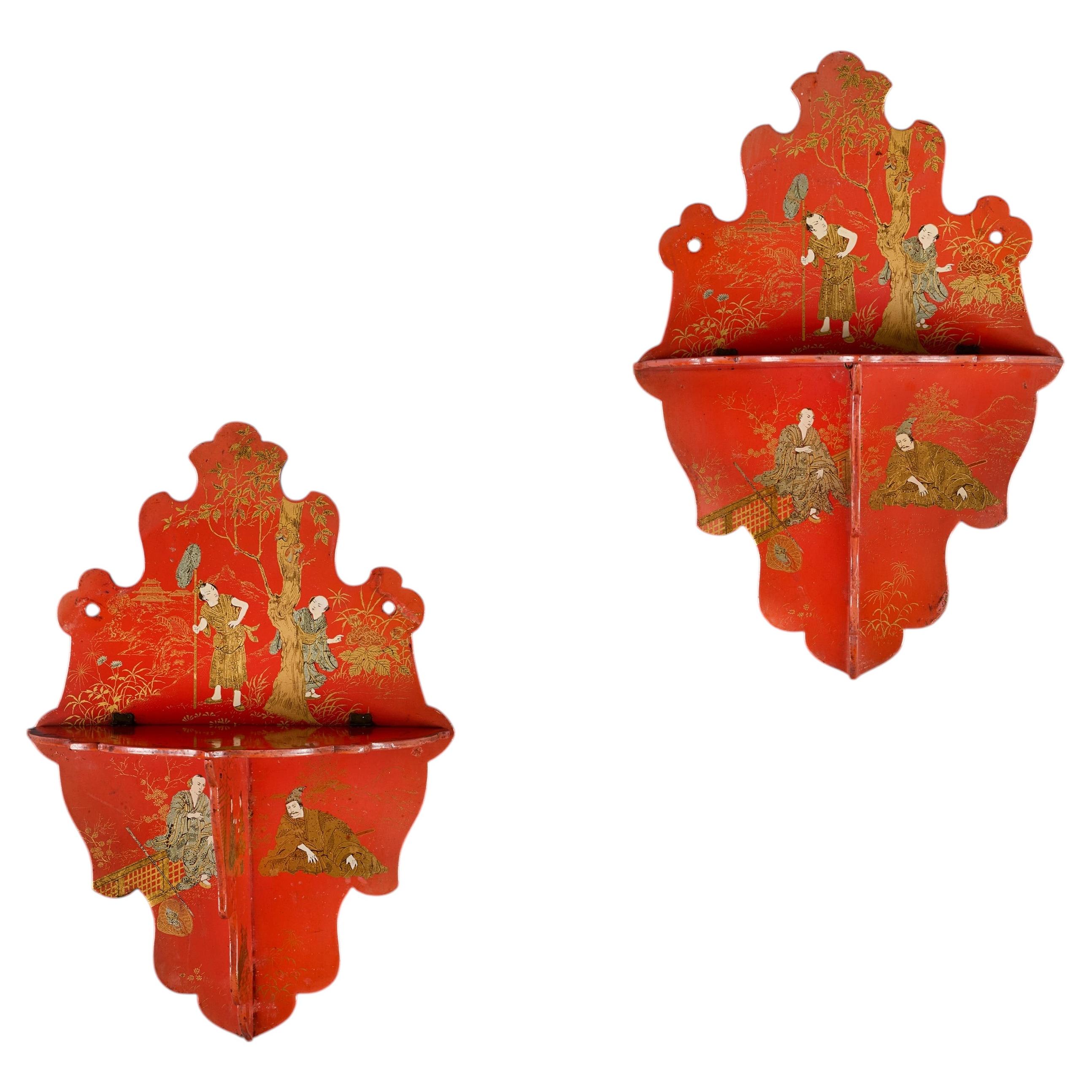 A Pair of Georgian Style Red Lacquer Chinoiserie Wall Brackets