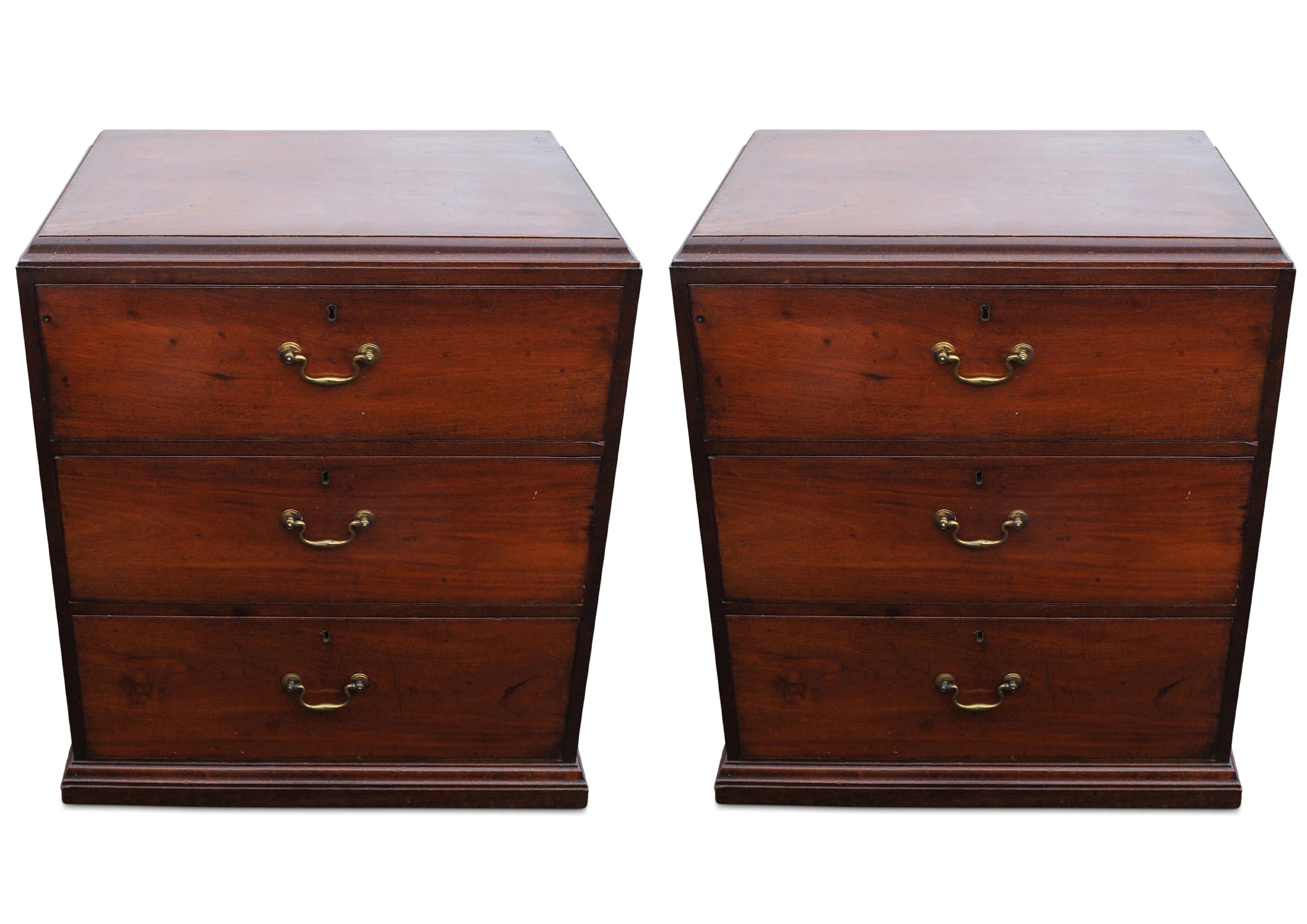 British Pair of Georgian Three Drawer Bedside Chests with Brass Handles
