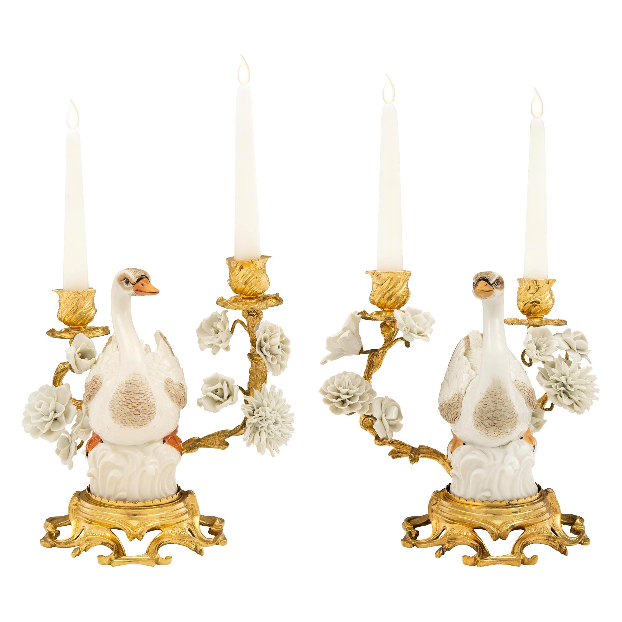 Pair of German 19th Century Louis XVI St. Ormolu and Porcelain Candelabras