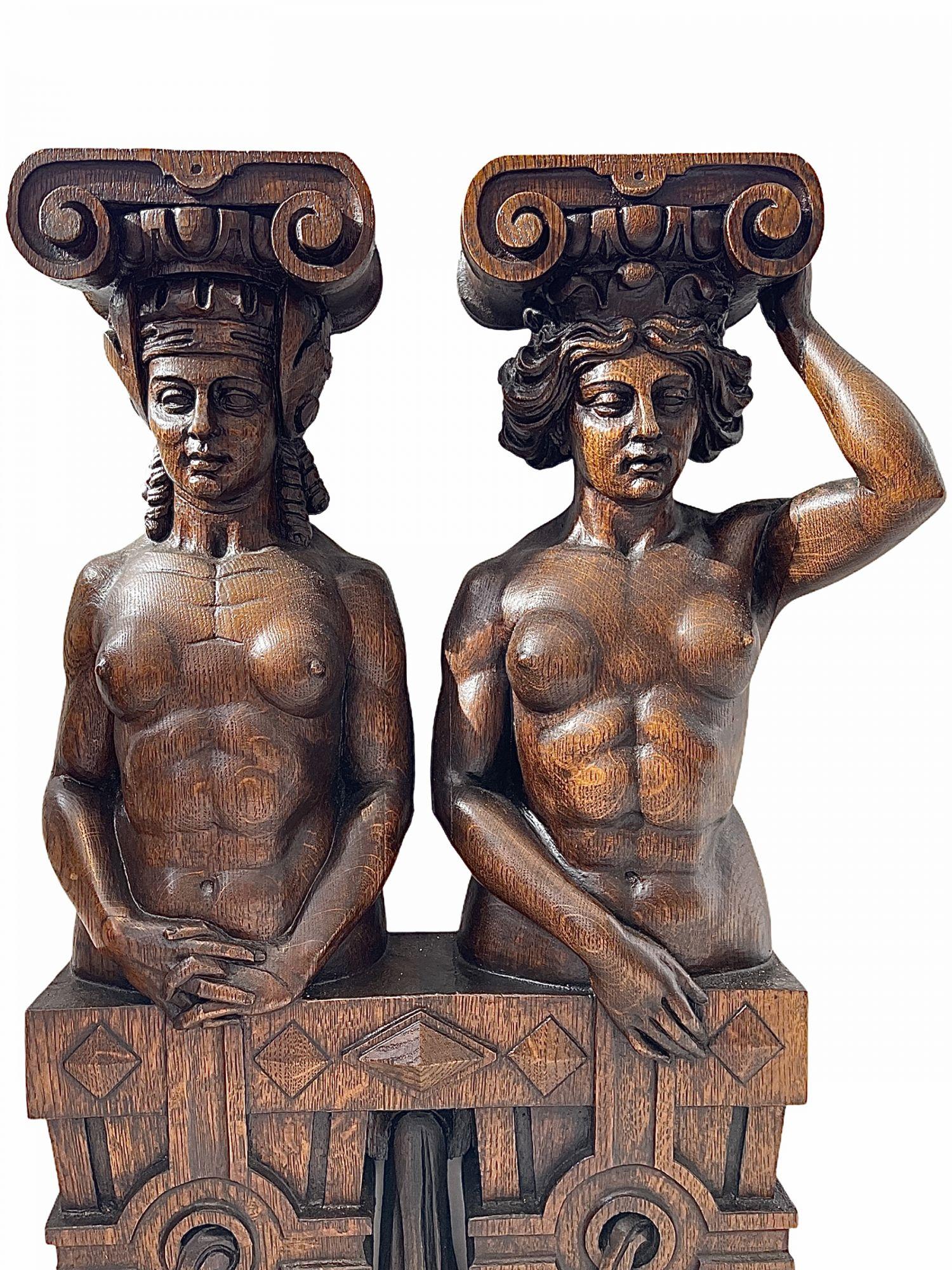 Carved Early 19th Century Pair of German Oak Caryatidal Figures Depicting Historicism For Sale