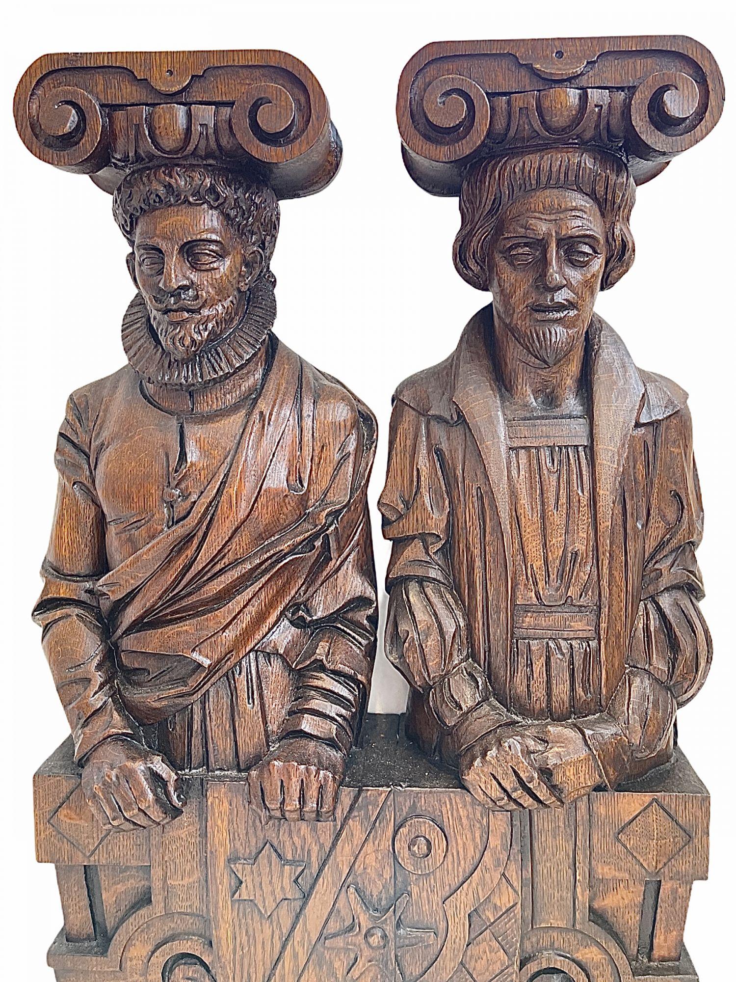 Wood Early 19th Century Pair of German Oak Caryatidal Figures Depicting Historicism For Sale