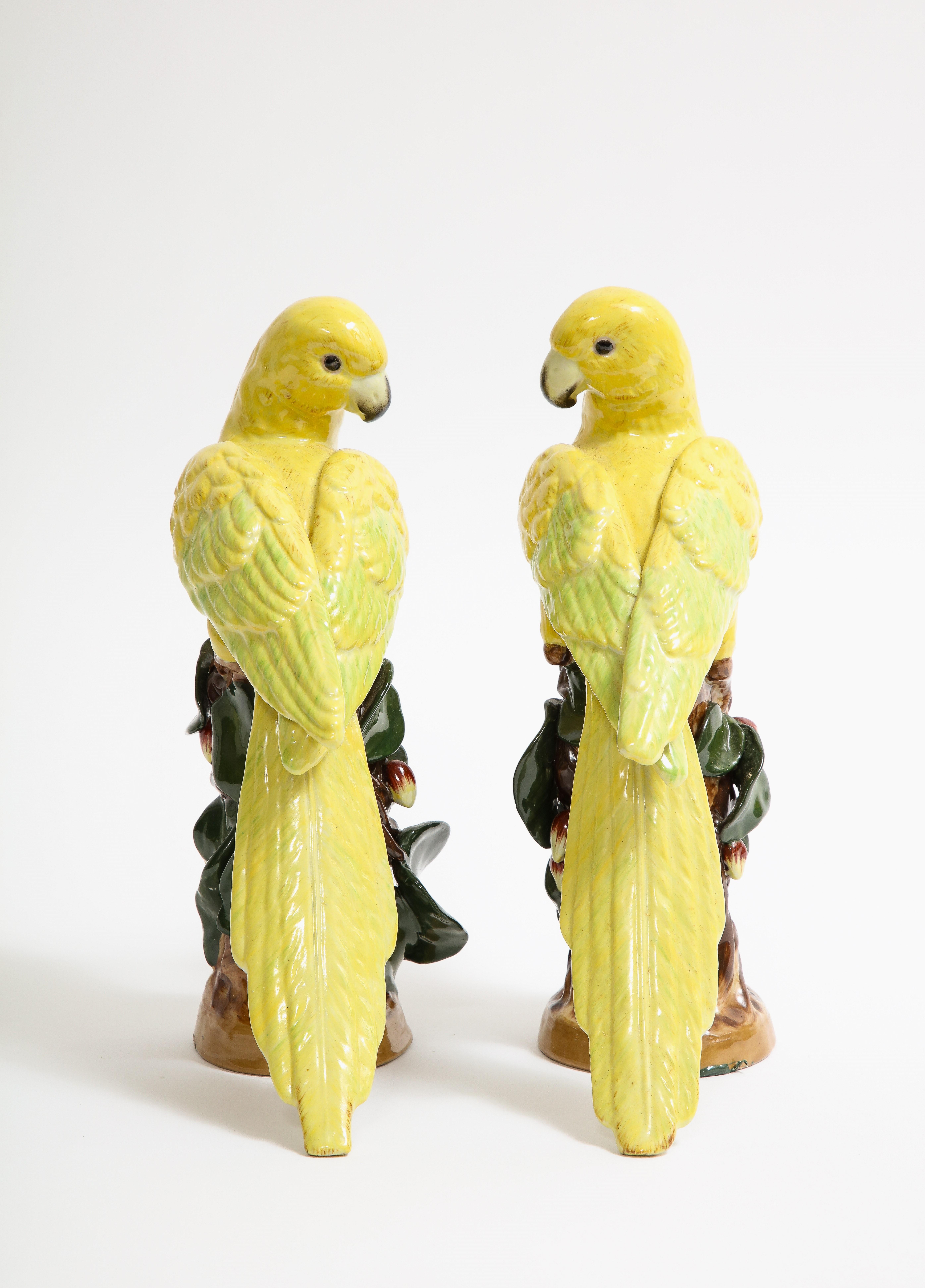 Pair of German Porcelain Yellow Birds Perched on Tree Branches In Good Condition In New York, NY