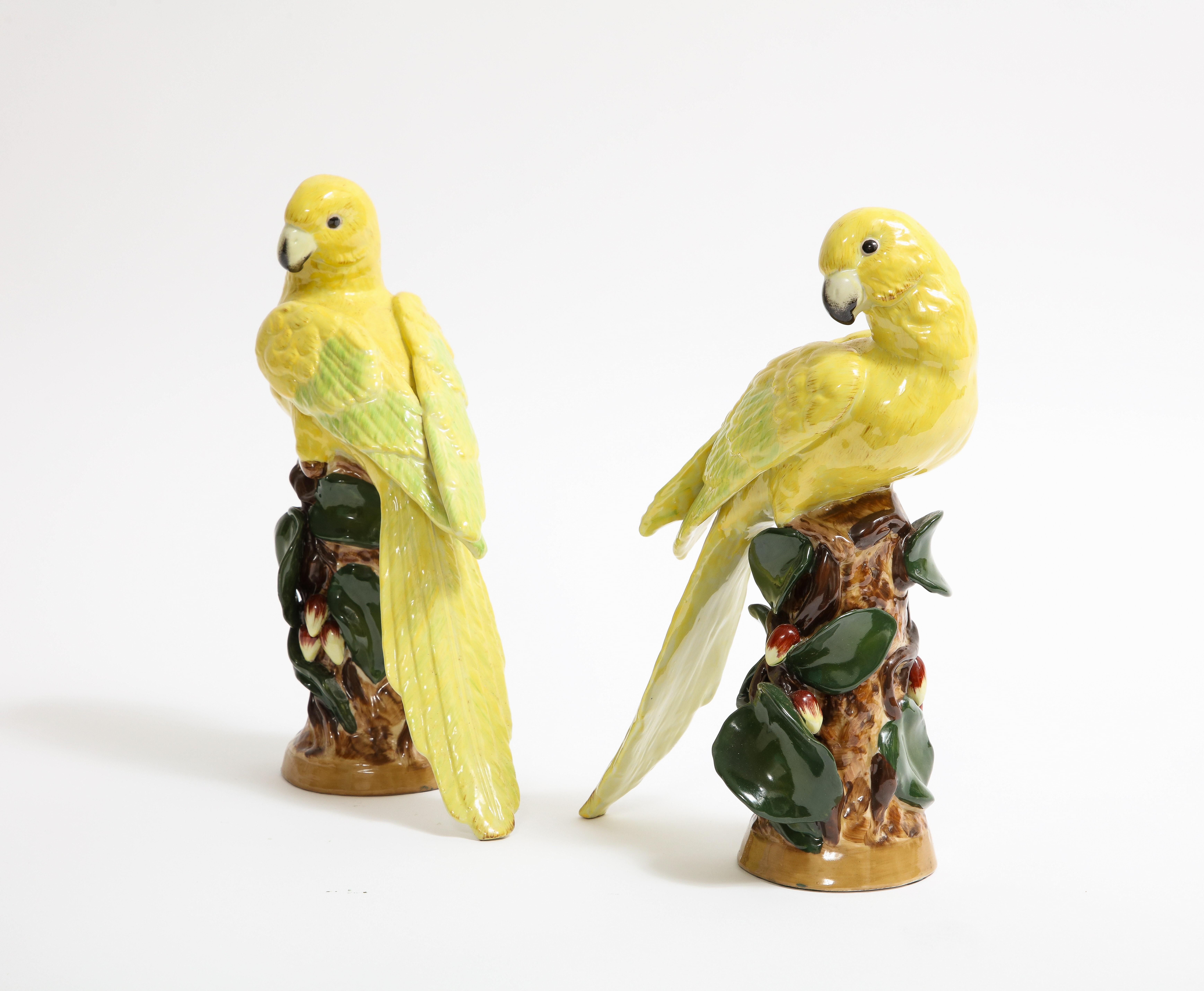 20th Century Pair of German Porcelain Yellow Birds Perched on Tree Branches