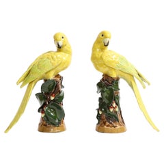 Pair of German Porcelain Yellow Birds Perched on Tree Branches