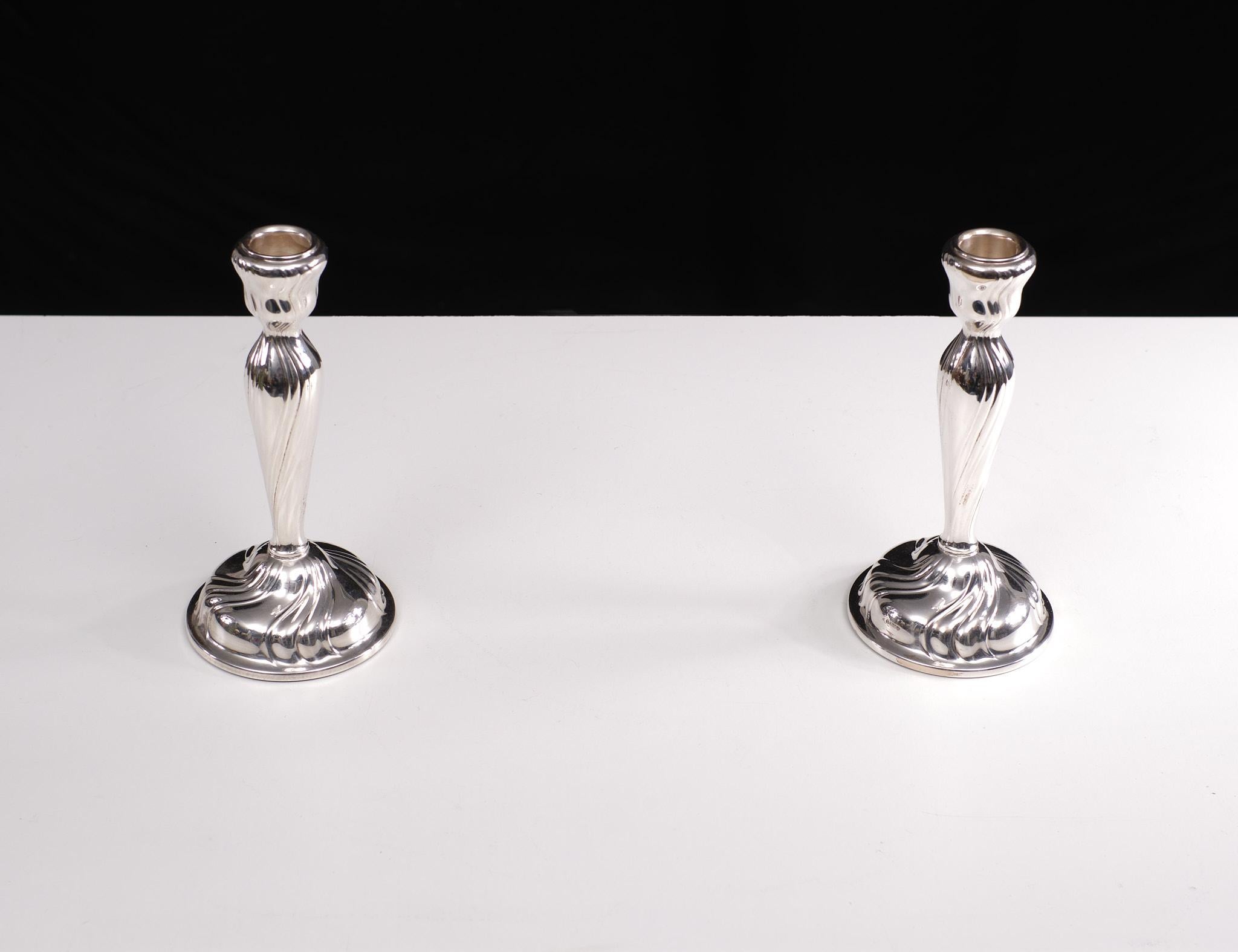 Early 20th Century Pair of German Silver Candlesticks Rococo Style, 1920s For Sale