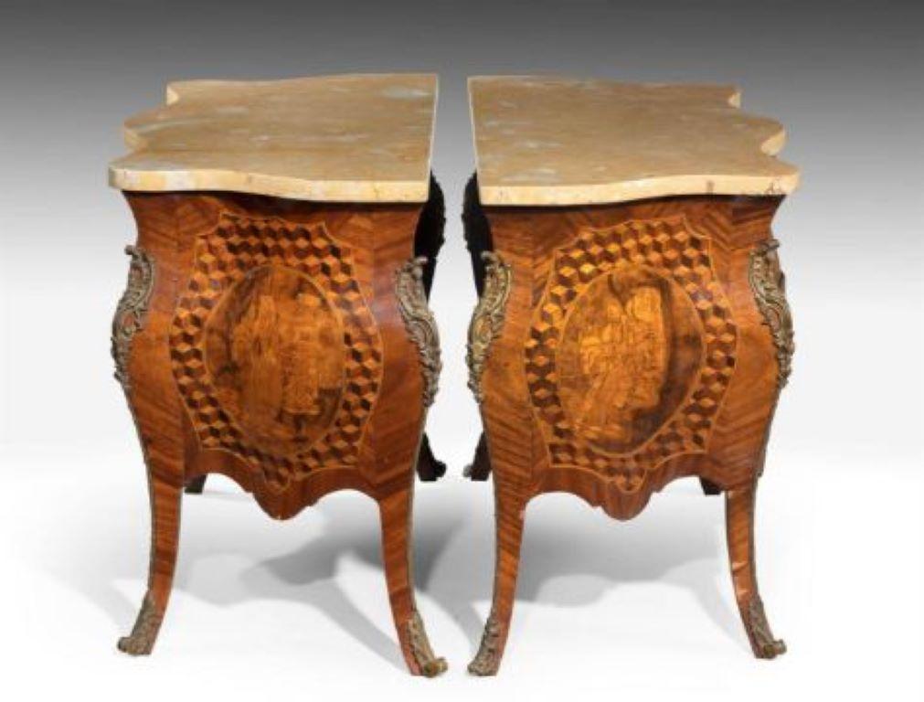 20th Century A Pair of German Small Gilt Mounted Marquetry & Parquetry Serpentine Commodes