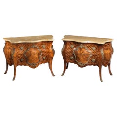 A Pair of German Small Gilt Mounted Marquetry & Parquetry Serpentine Commodes