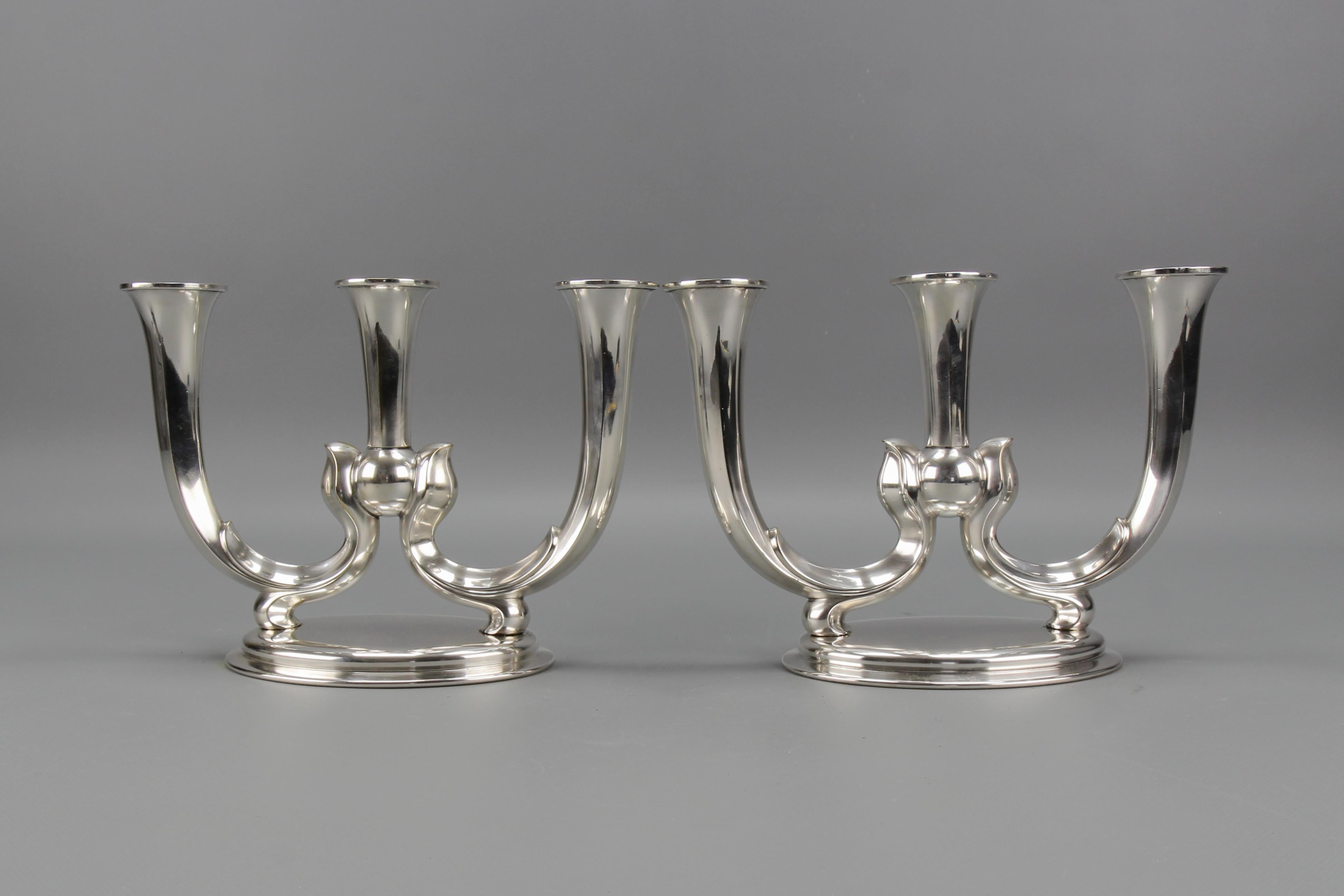 Plated Pair of German WMF Art Deco Three-Arm Candle Holders For Sale