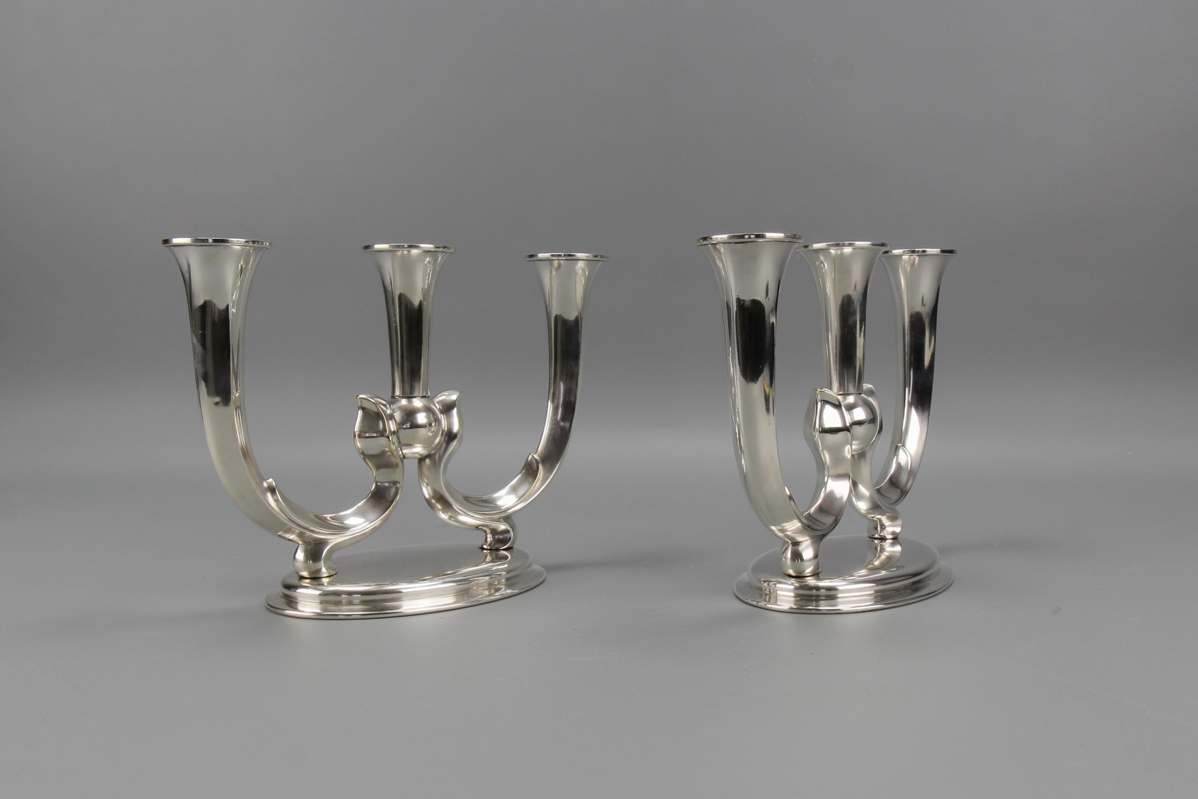 Pair of German WMF Art Deco Three-Arm Candle Holders In Good Condition For Sale In Barntrup, DE