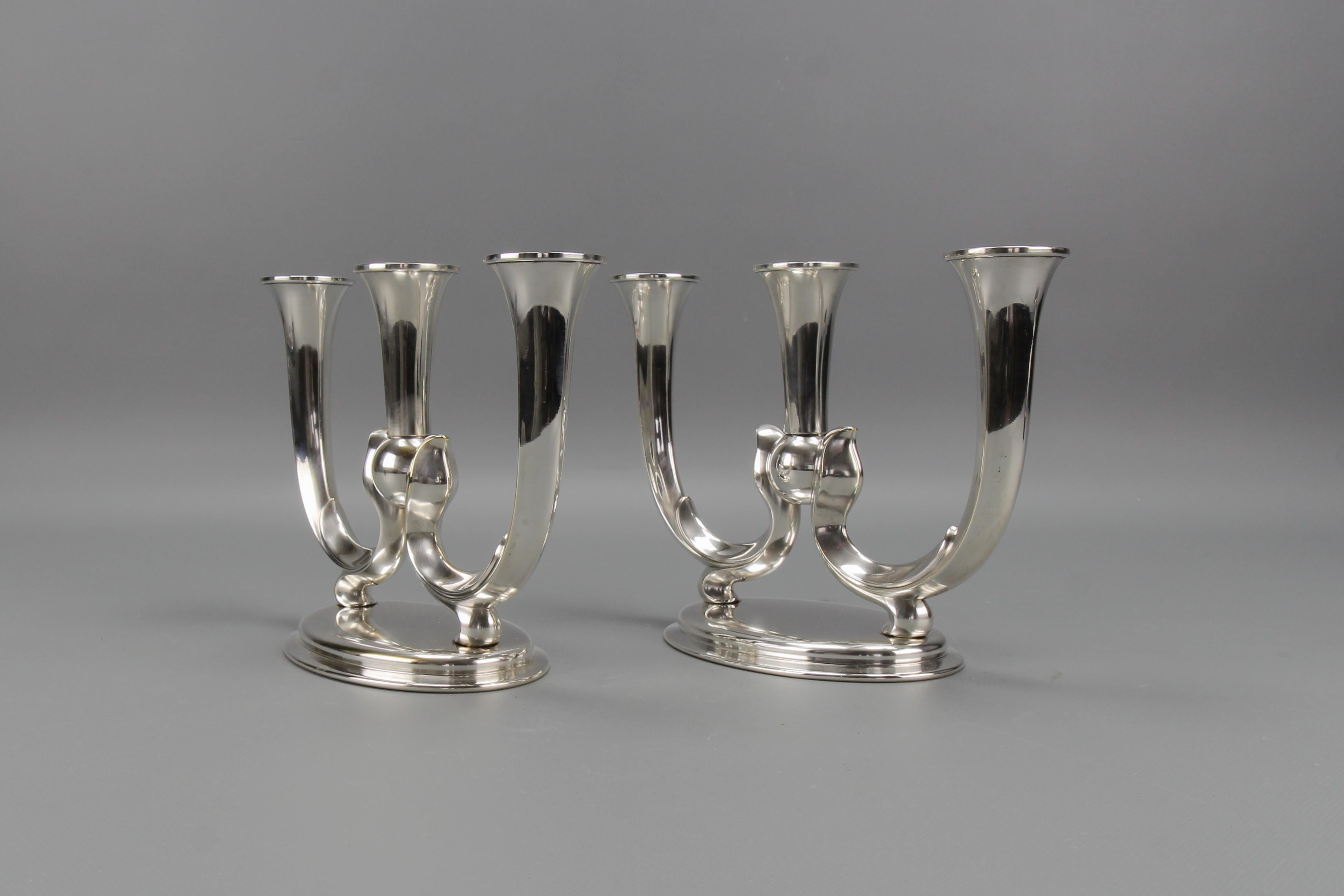 Brass Pair of German WMF Art Deco Three-Arm Candle Holders For Sale