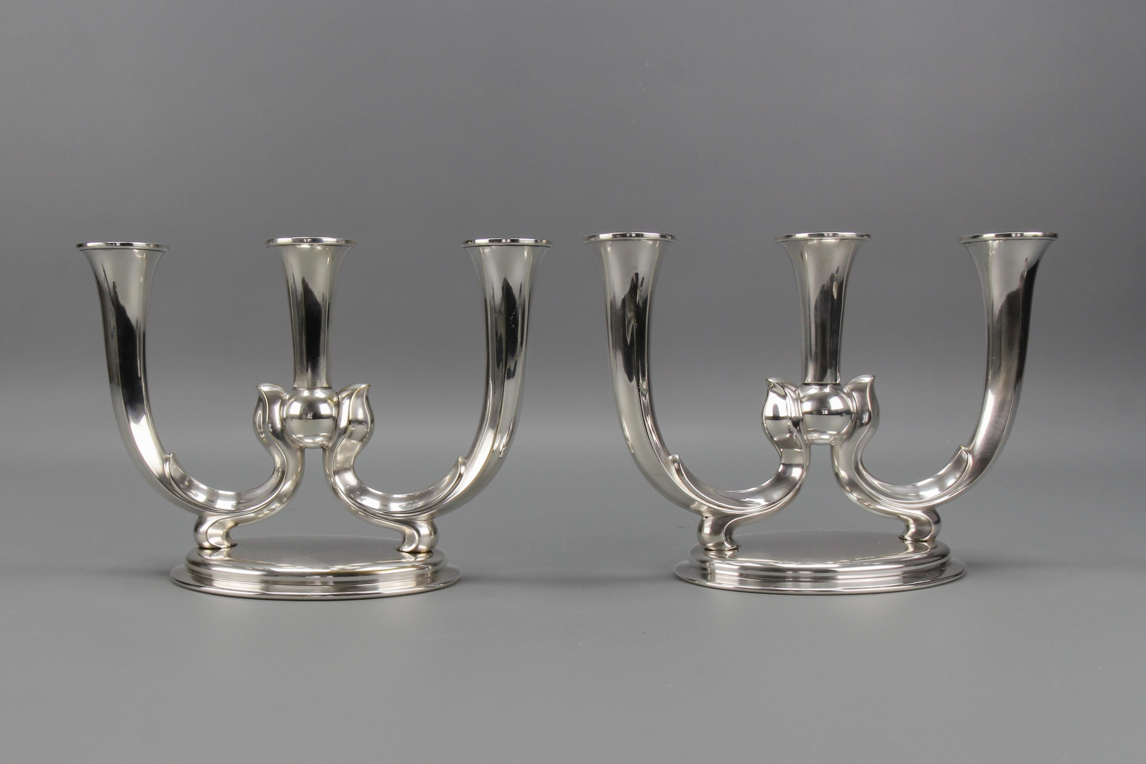 Pair of German WMF Art Deco Three-Arm Candle Holders For Sale 1