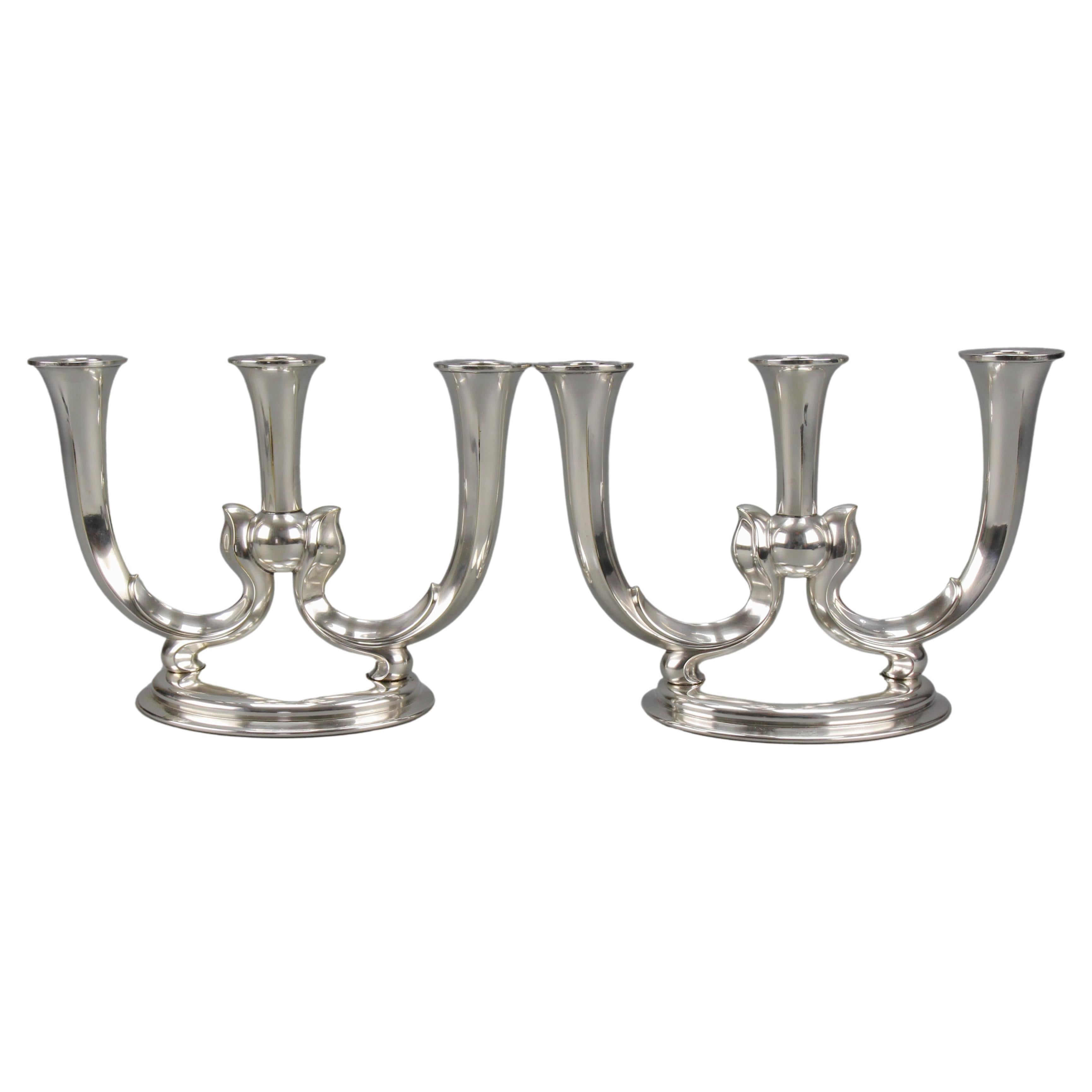 Pair of German WMF Art Deco Three-Arm Candle Holders For Sale