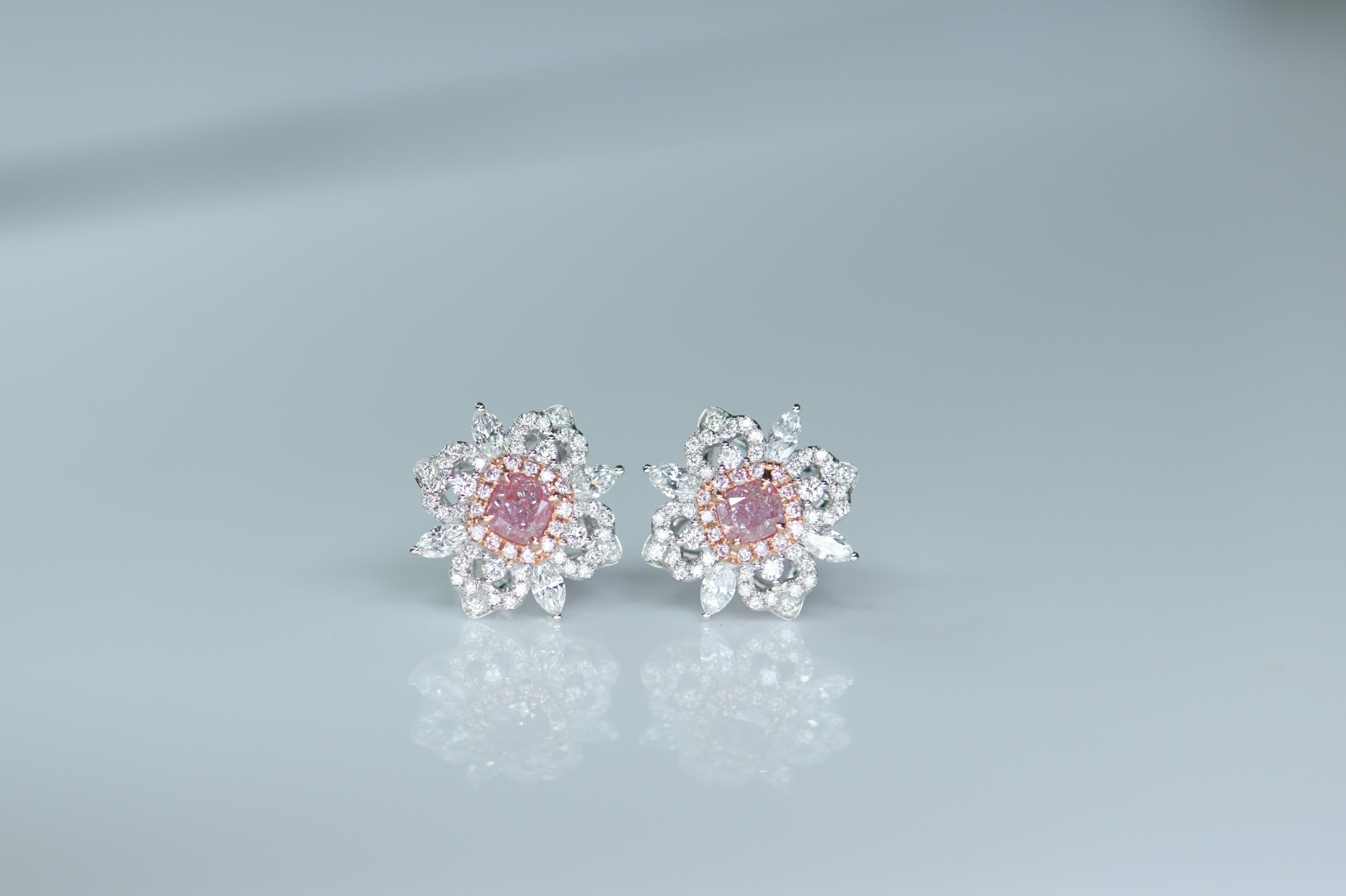 Art Deco Pair of GIA Fancy Pink Diamond Ear Stud For Sale