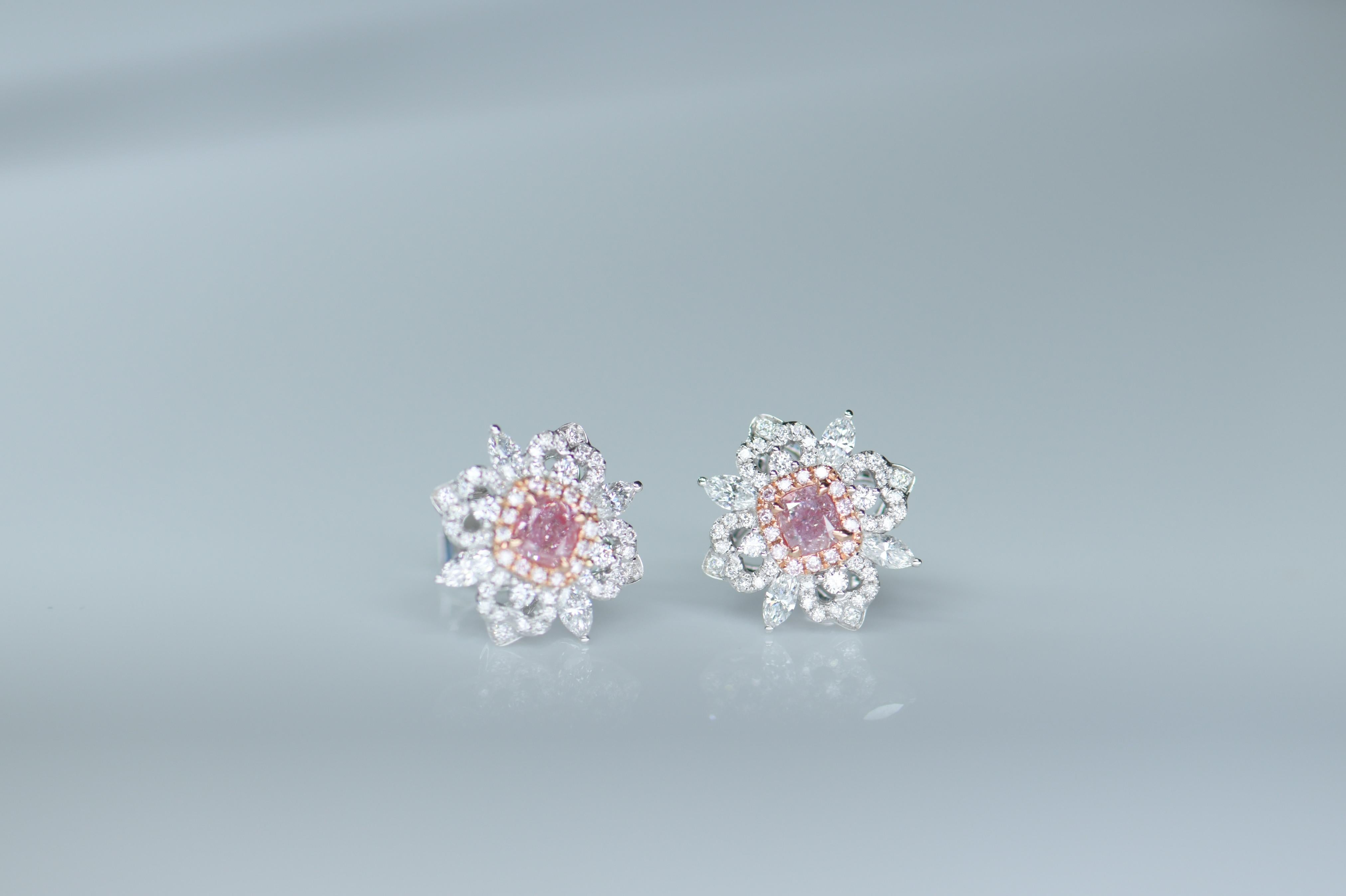 Women's or Men's Pair of GIA Fancy Pink Diamond Ear Stud For Sale