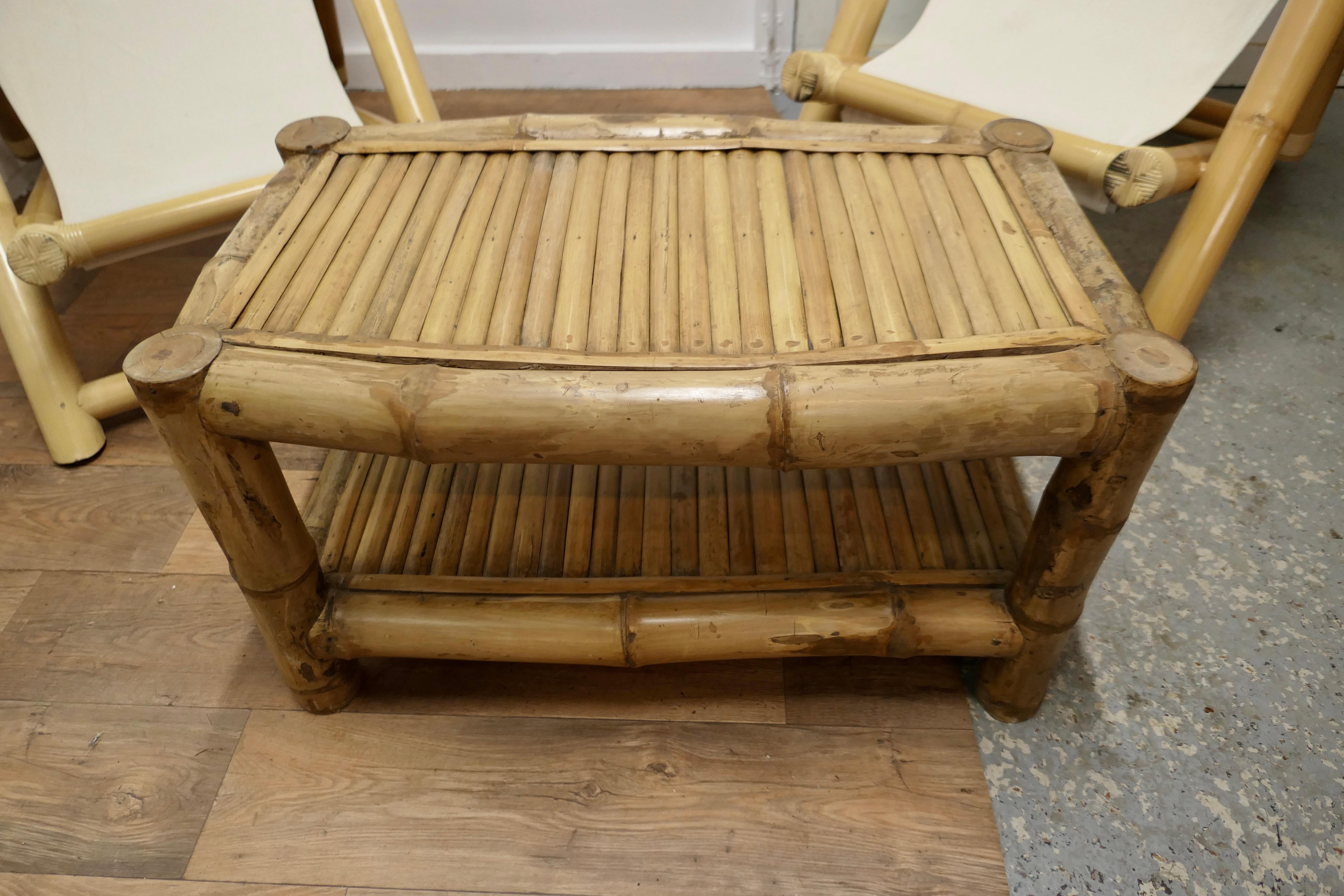 Mid-Century Modern Pair of Giant Bamboo Deck Chair Set with Coffee Table For Sale